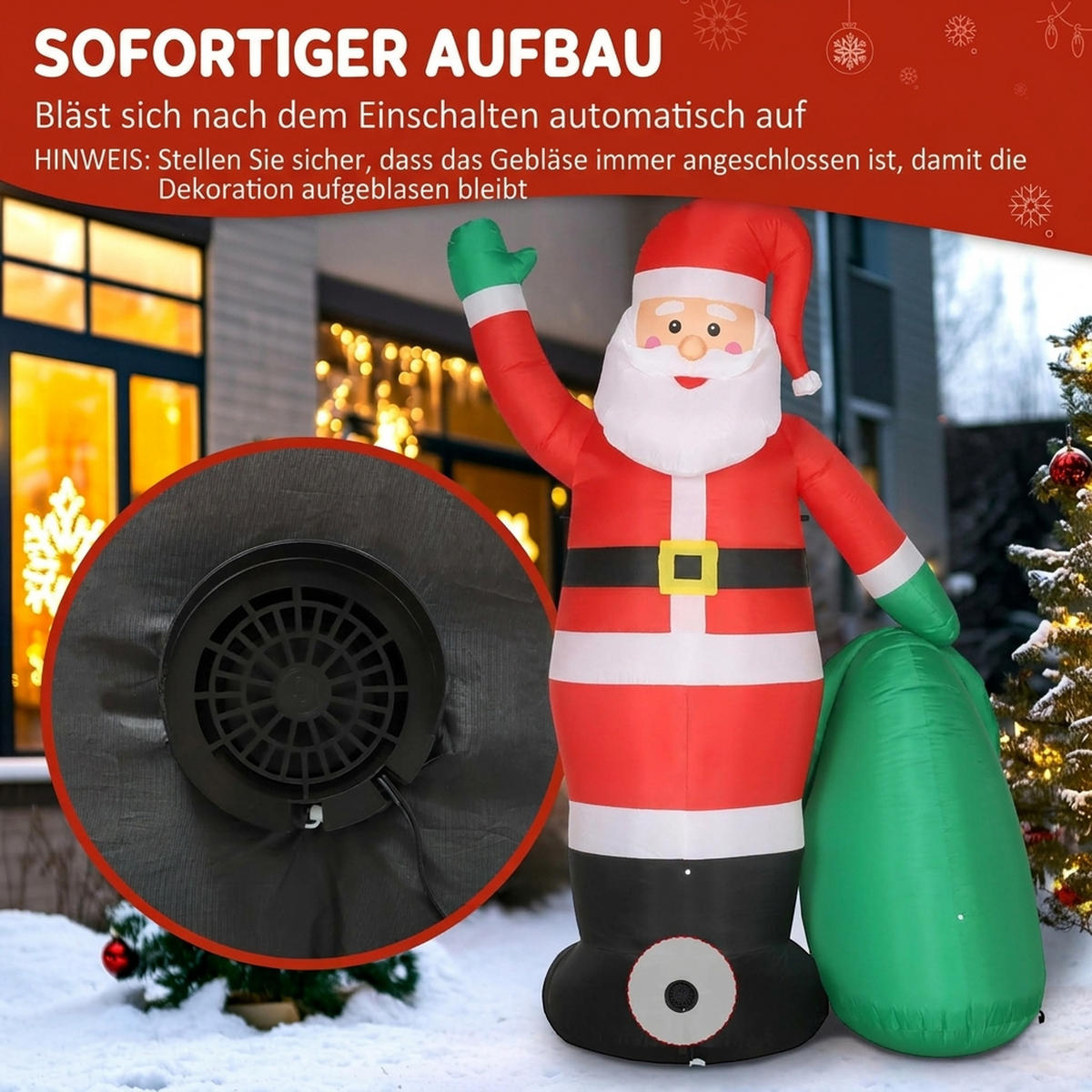 AUFBLASBARER-WEIHNACHTSMANN Polyester Rot - Rot, Textil (90/275/180cm) - Outsunny