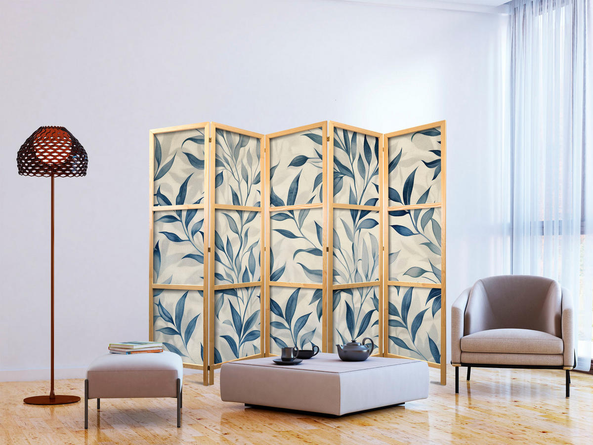 PARAVENT Japanischer 5-tlg 225x172 cm Blaue Bl tter - Grau, Holz/Textil (225/172/3cm) - Muralo