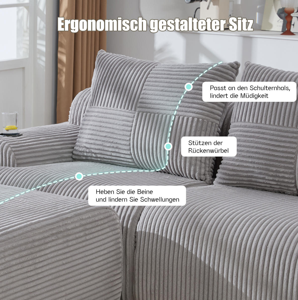 SOFA 268/174/80 cm in Hellgrau mit Cupholder und Aufbewahrungstasche - Hellgrau, Textil (174/80/268cm) - Flora Grace