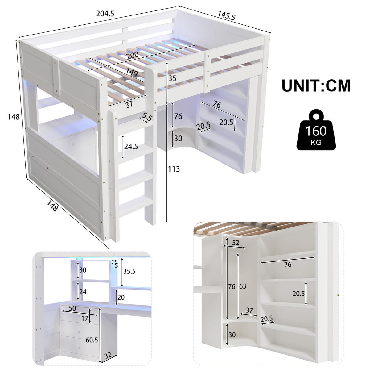 HOCHBETT mit LED-Leuchtleiste, Schreibtisch und Kleiderschrank, 140/200 cm, Weiß - Weiß, Holz (140/200cm) - MIVRAY