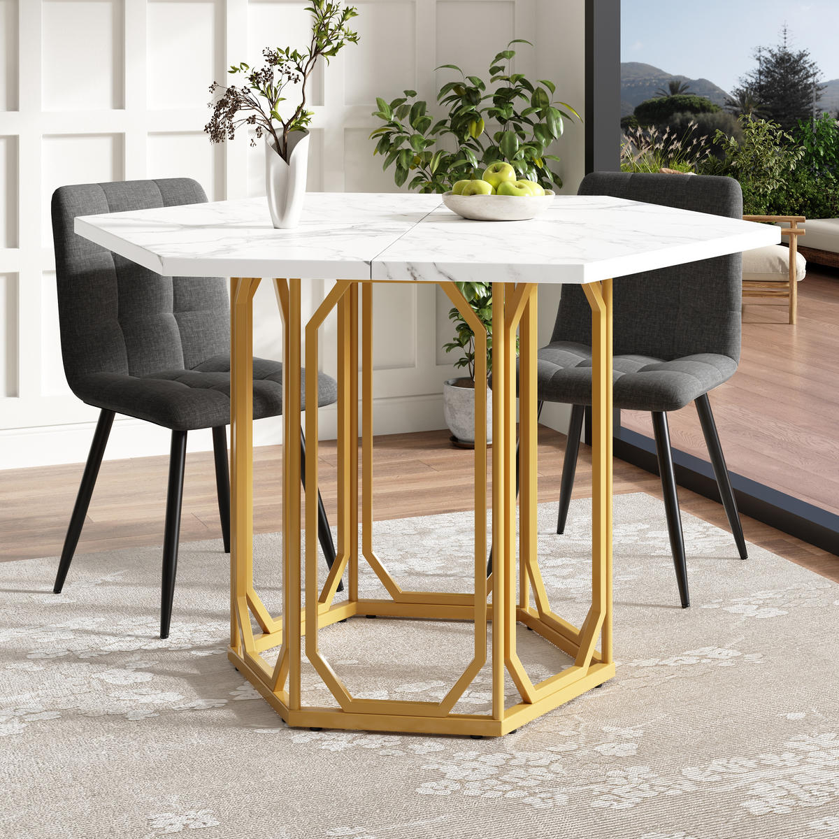 ESSTISCH 110,2/95,4/75,5 cm Gold mit Marmoroptik aus MDF und Metall - Goldfarben, Holzwerkstoff (110.2/95.4/75.5cm) - OKWISH