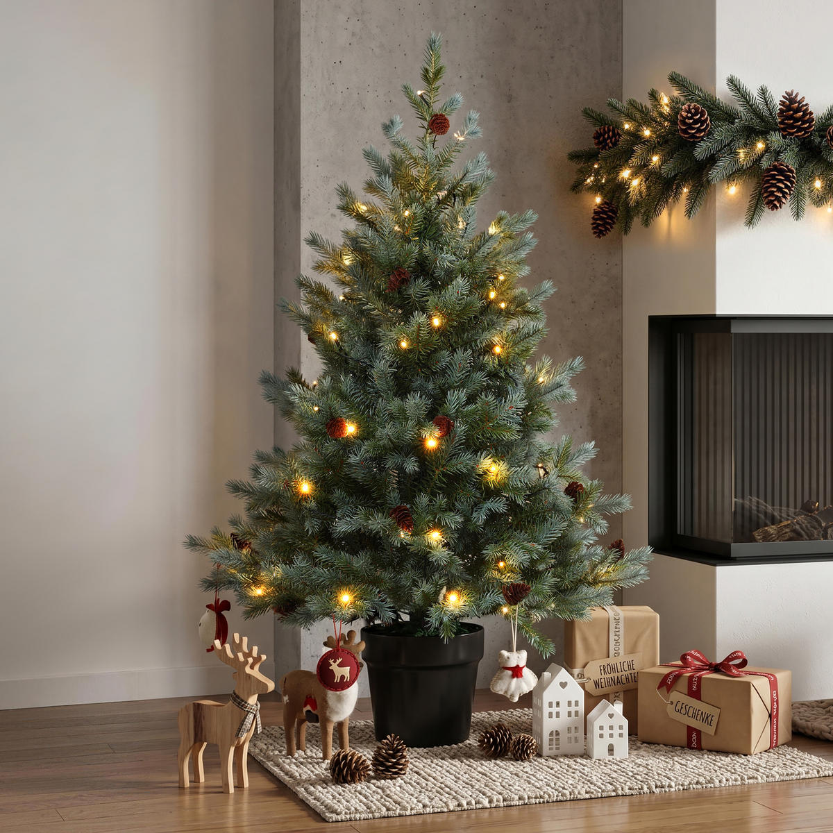 KÜNSTLICHER Weihnachtsbaum mit Beleuchtung 90 cm, Schwarzer Kunststofftopf - Grün, Kunststoff (63/90/63cm) - Hometopia