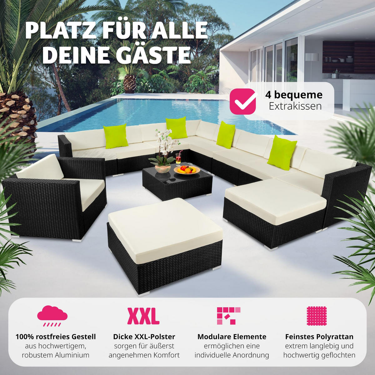 RATTANLOUNGE Las Vegas,mit Sicherheitsglasplatte,schwarz - Schwarz, Kunststoff - tectake