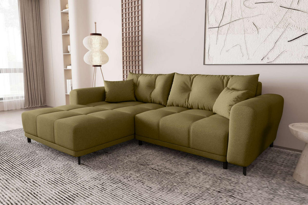 ECKSOFA Massimo Strukturstoff Olivgrün inkl. Schlaffunktion Links - Schwarz/Olivgrün, Textil/Metall (246/177cm) - 99rooms