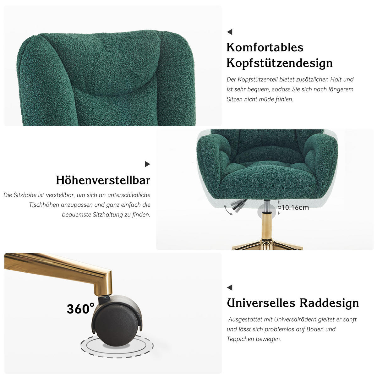 DREHSTUHL Teddy-Stoff mit höhenverstellbarem Sitz 64/62/92.5 cm Grün - Grün, Textil (62/92.5/64cm) - Redom