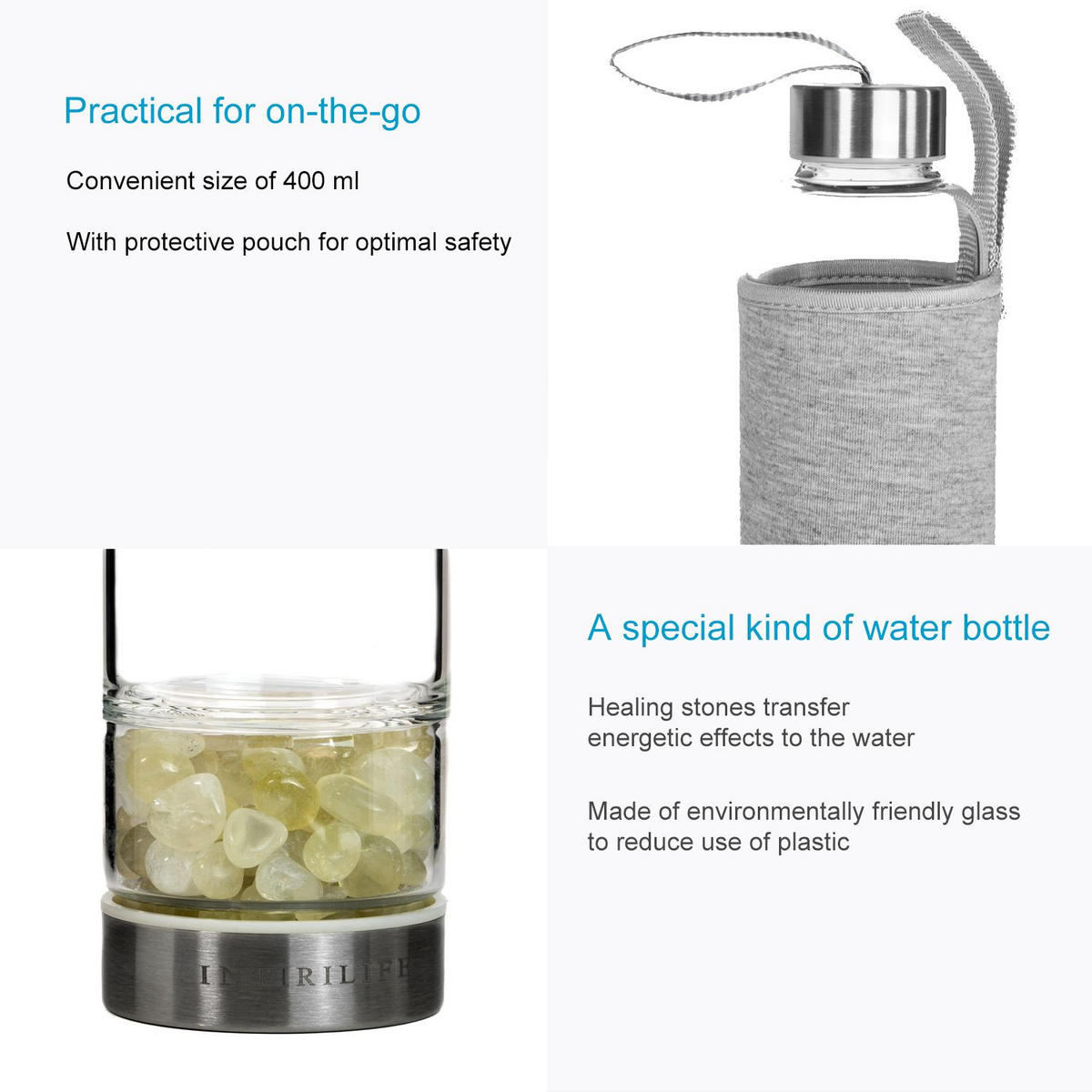 WASSERFLASCHE mit Heilsteinen und Tasche 400ml - Gelb, Glas (0.4L) - Intirilife