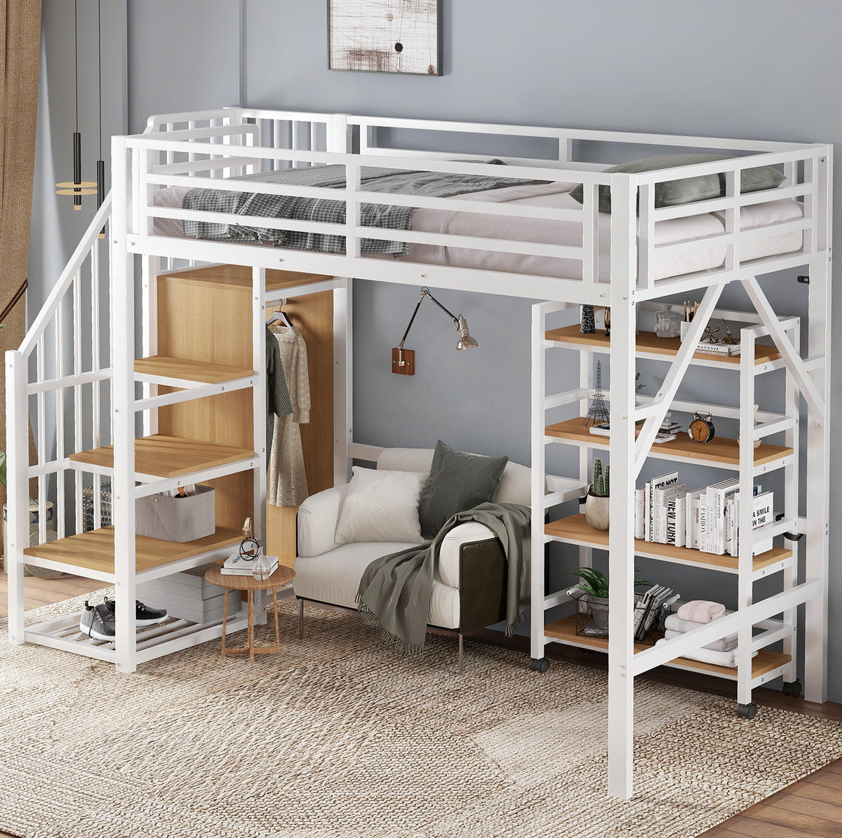 HOCHBETT aus Eisen und MDF 90x200 cm Weiß/Natur mit Eckleiterschrank, Rollregal und Sicherheitsgeländer - Weiß, Metall (90/200cm) - Modfu