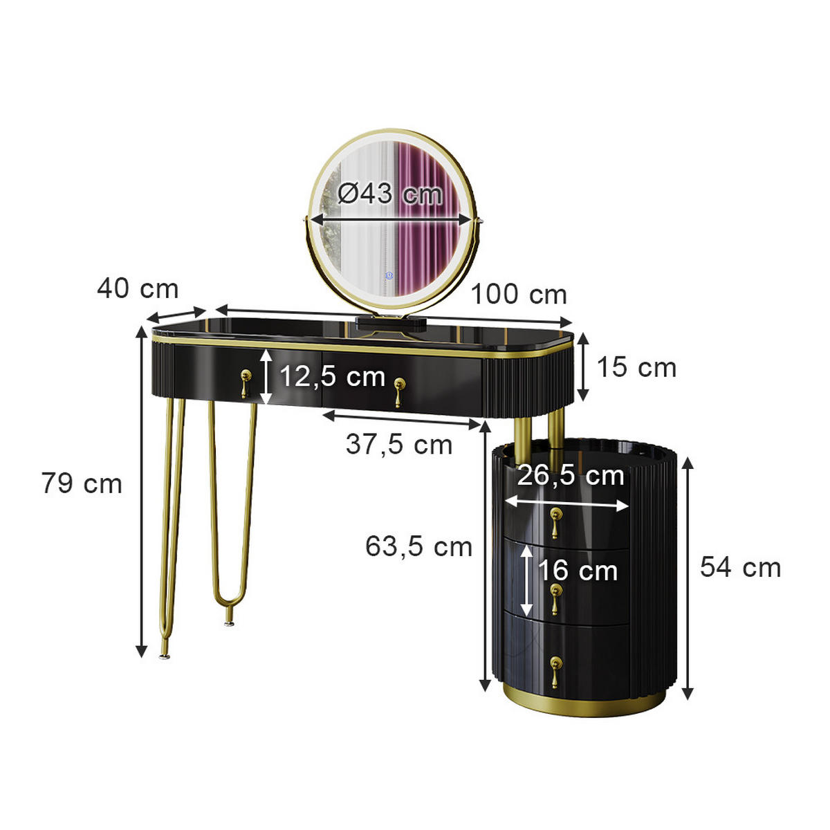 SCHMINKTISCH Charlène Schwarz 100 cm mit LED-Spiegel - Schwarz, Holzwerkstoff (100/79/40cm) - Vicco