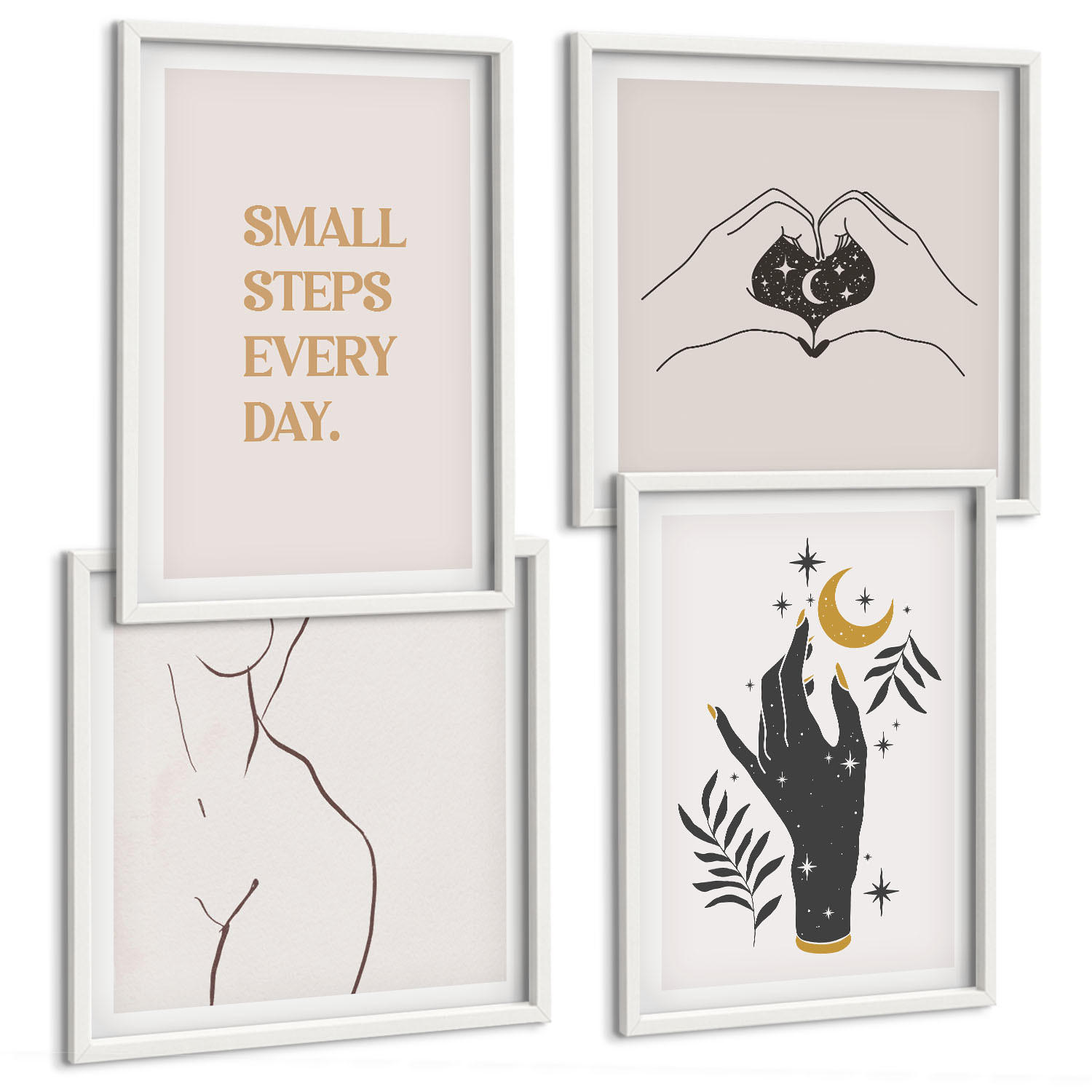 BILDER SET 4er Set - 50x50 cm & 40x60 cm Weißer Rahmen - Minimalistische Boho-Illustrationen - Weiß, Kunststoff (50/50cm) - TULUP
