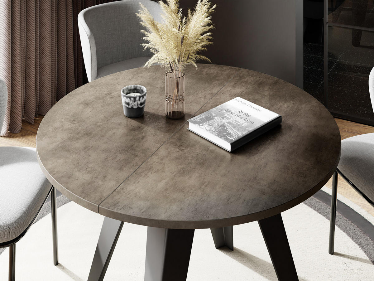 ESSTISCH Glory runder ausziehbarer, Dunkelgrauer Chicago Beton 100-140/100/76 cm - Dunkelgrau/Schwarz, Holzwerkstoff/Metall (100/100/76cm) - WFL GROUP