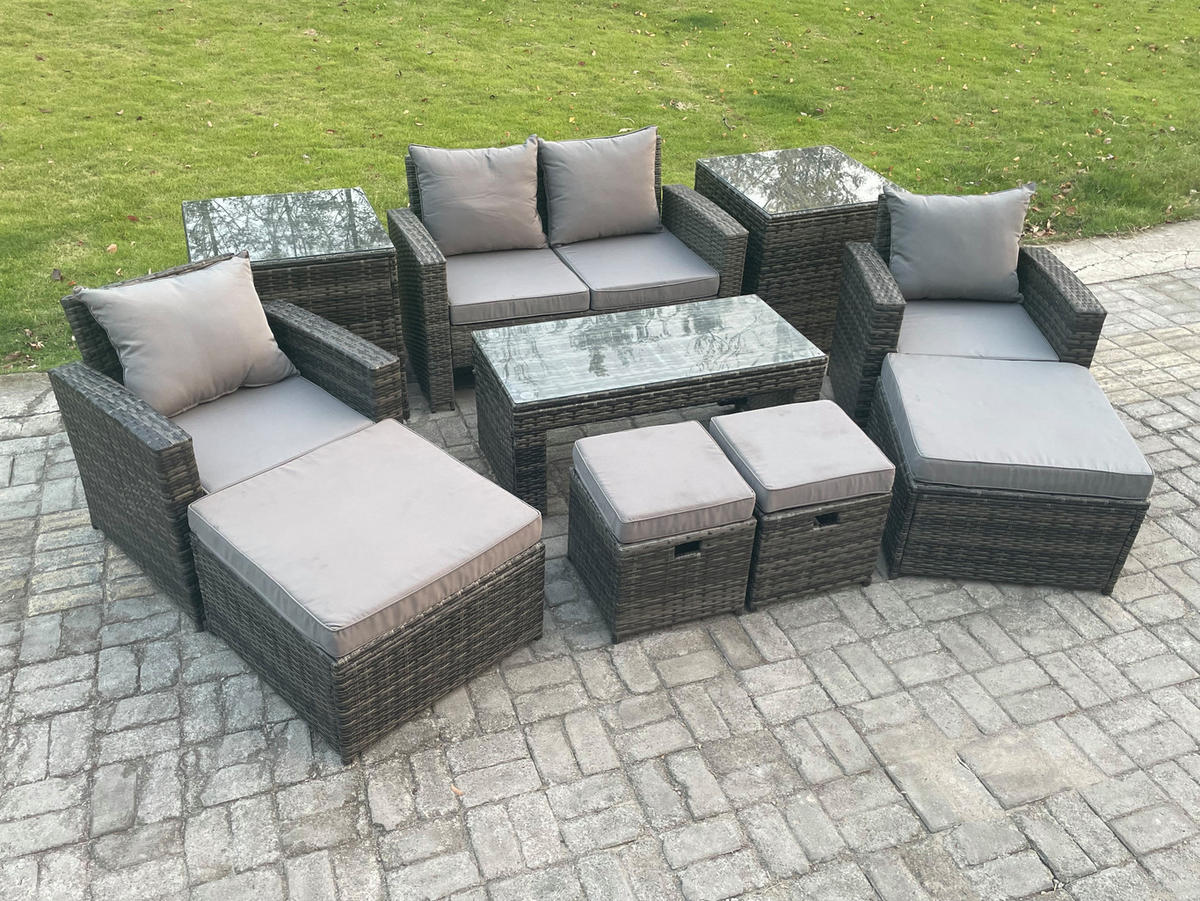 GARTENMÖBEL Set Polyrattan Dunkelgrau 8-Sitzer - Dunkelgrau, Metall - Fimous