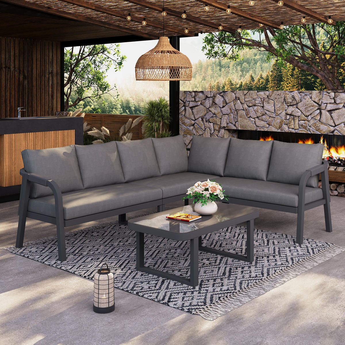 GARTENMÖBEL-SET 6 Personen Ecksofa Couchtisch Stahl Grau - Grau, Textil - FLIEKS