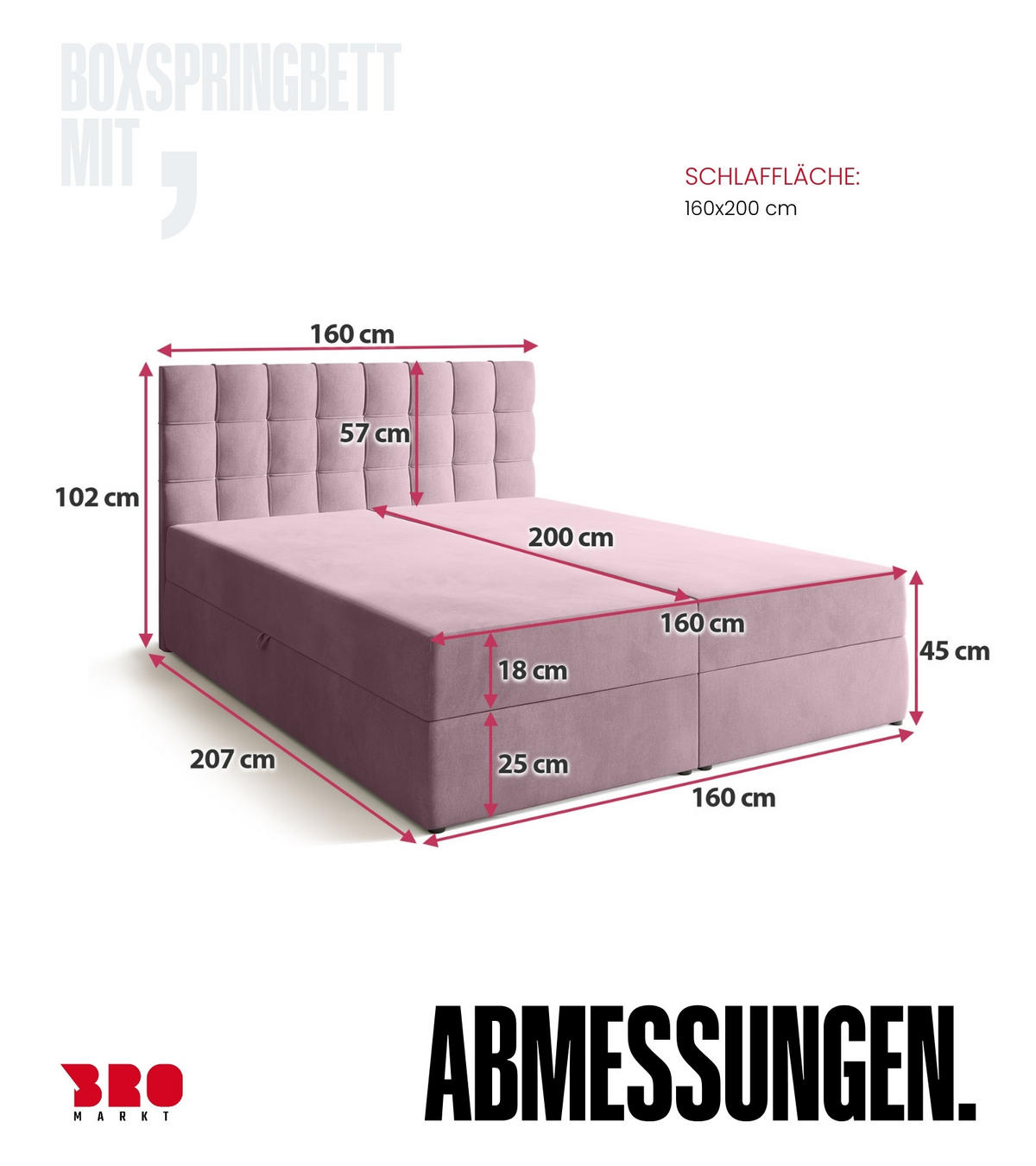 BOXBETT Detroit mit Topper 160/200 Rosa - Rosa, Holzwerkstoff/Textil (160/200cm) - Bromarkt