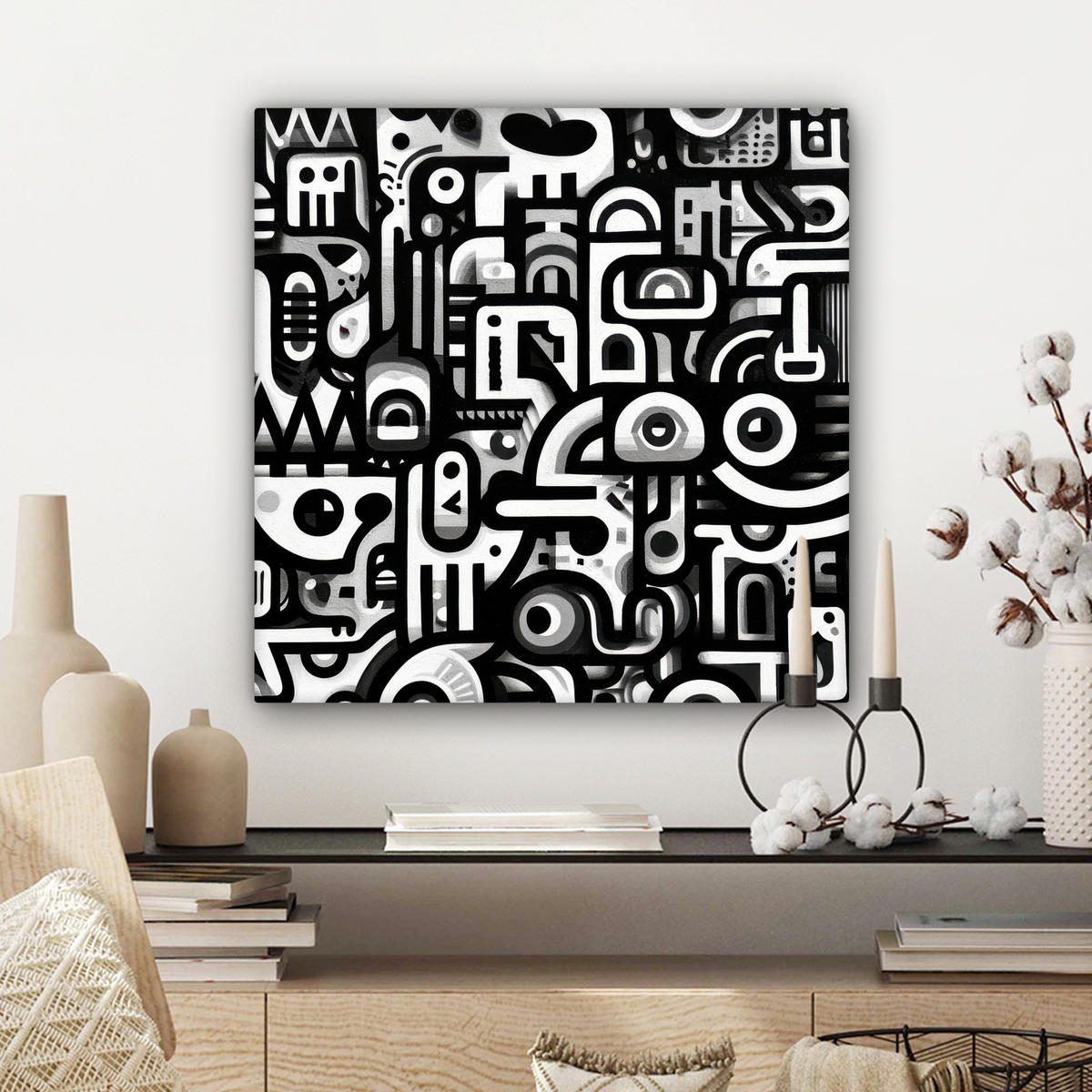 LEINWANDBILD Symbole - Abstrakt - Grafik - Schwarz Wandbild Wohnzimmer 50x50 cm - Schwarz, Textil (50/50cm) - MuchoWow