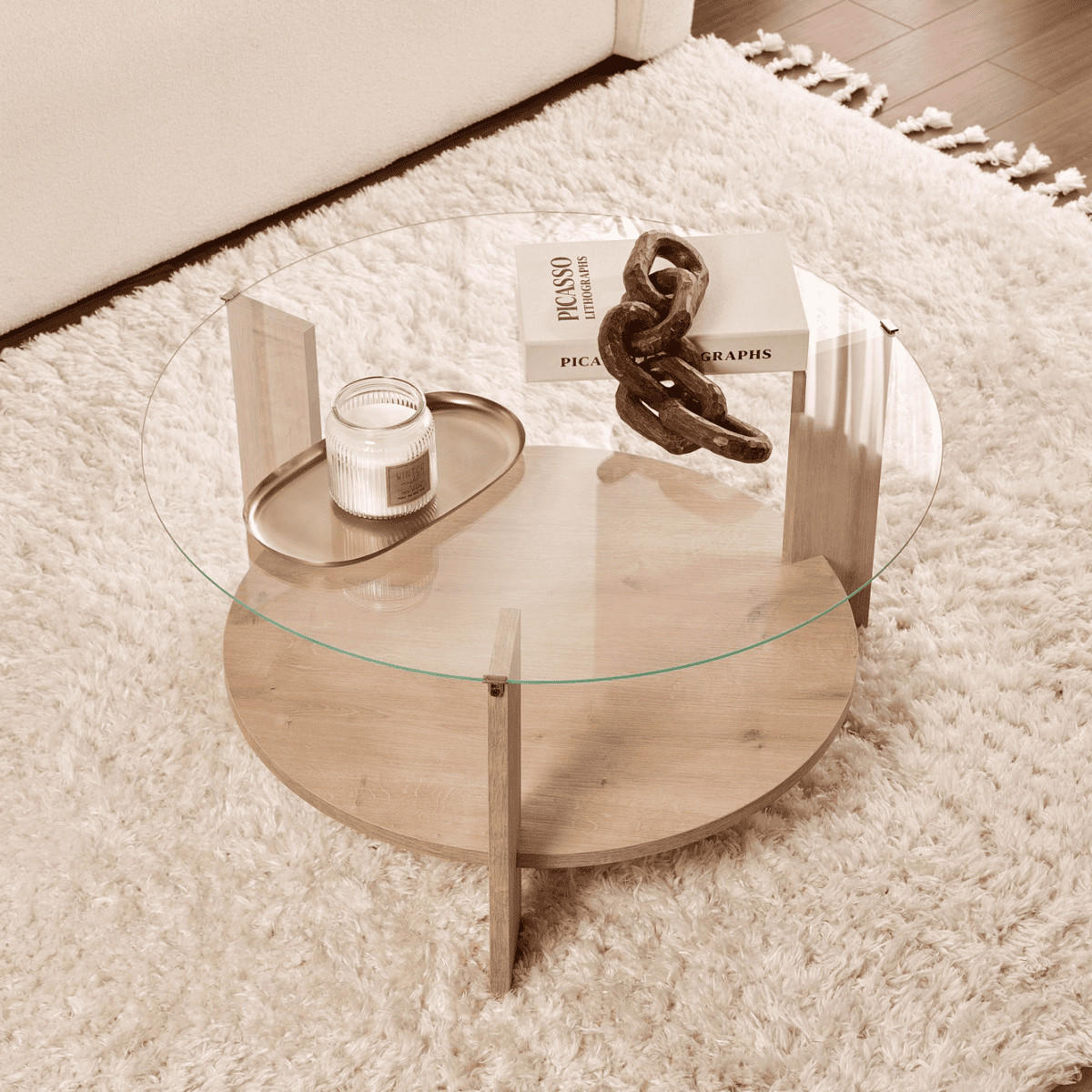 COUCHTISCH mit 2 Platten, davon eine aus gehärtetem Glas 75/75/40 cm - Eichefarben, Holzwerkstoff (75/75/40cm) - Calicosy