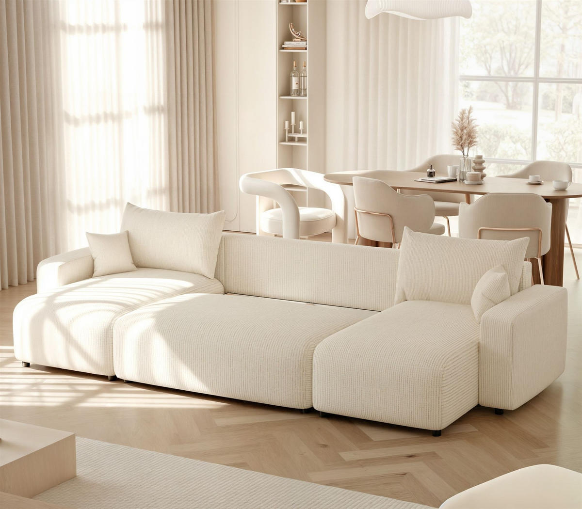 WOHNLANDSCHAFT Luna Mit Schlaffunktion - Creme, Holzwerkstoff/Textil (318/79/145cm) - Fun Möbel