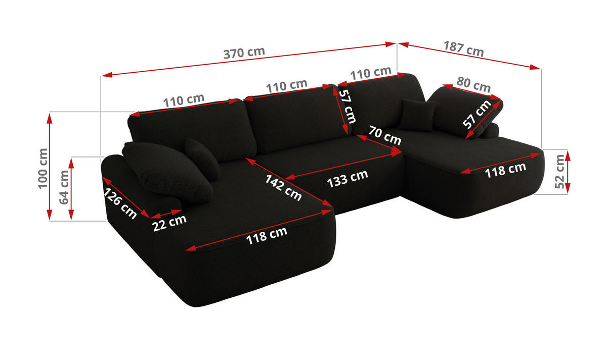 WOHNLANDSCHAFT CUBO U Schwarz Boucle - Schwarz, Kunststoff/Textil (370/100/187cm) - MKS