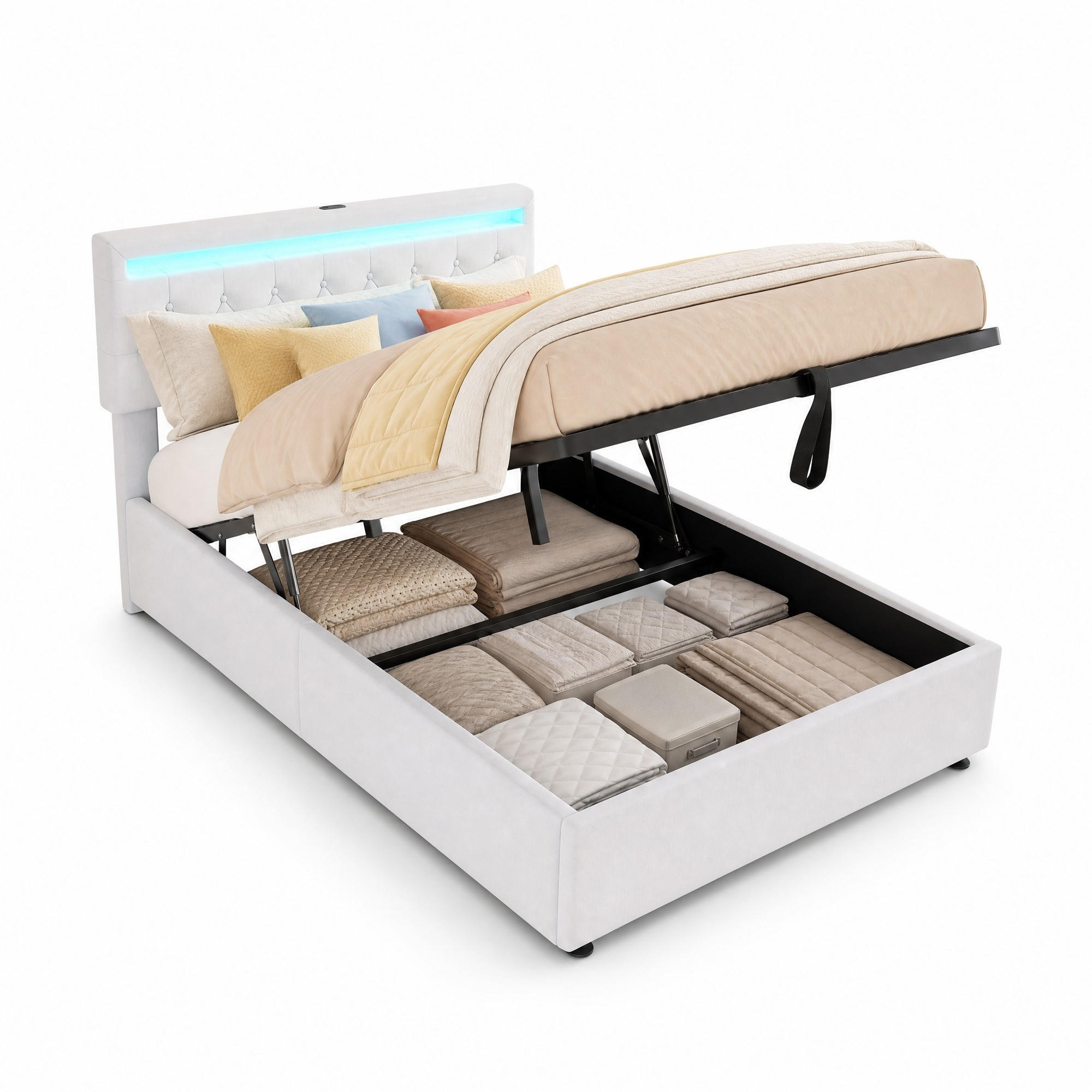 POLSTERBETT 140/200 cm in Weiß mit Bettkasten, LED und USB/Type-C Leinen - Weiß, Holzwerkstoff/Textil (140/200cm) - CHICFURN