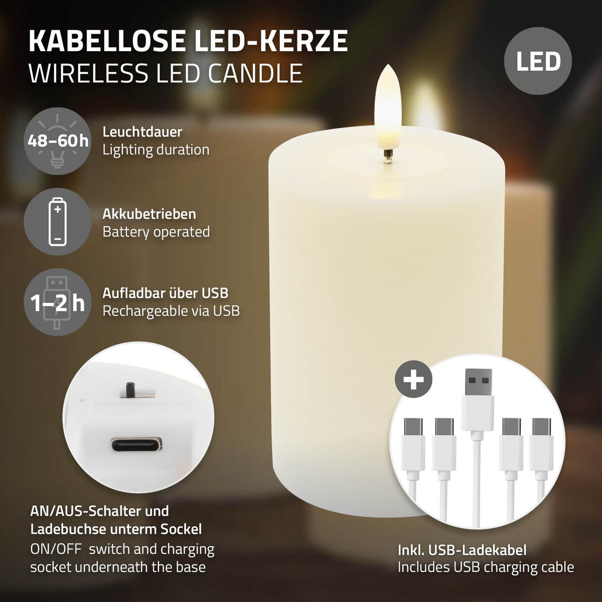 SADA 4 dobíjecích LED svíček z pravého vosku s dálkovým ovládáním, časovačem a stmíváním - krémová, plast (7/13.5/7cm) - ECD-Germany