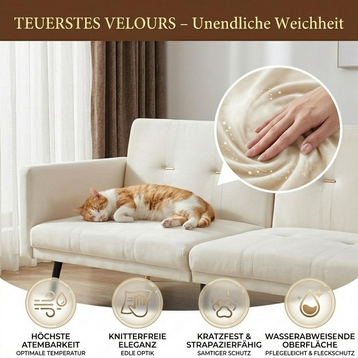 SCHLAFSOFA 150/89/70 cm in Beige Samt - Beige, Textil (164/70/89cm) - Oxeza
