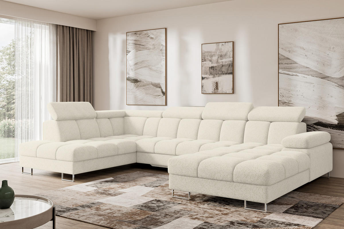 WOHNLANDSCHAFT mit Schlaffunktion und Bettkasten Ottomane Links COMA U 345x203x79 Creme Velours - Creme, Holzwerkstoff/Textil (345/79/203cm) - ALTDECOR