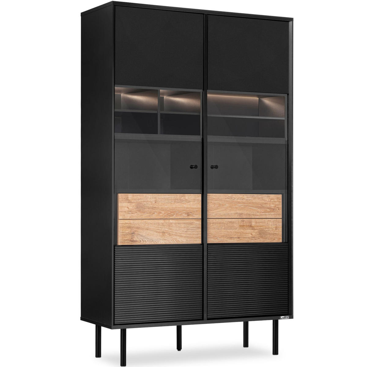 VITRINENSCHRÄNK LOFTY TV/Kreuzeinlage, schwarz / Eiche natur - Eichefarben/Schwarz, Holzwerkstoff (102/174/41cm) - KONSIMO®