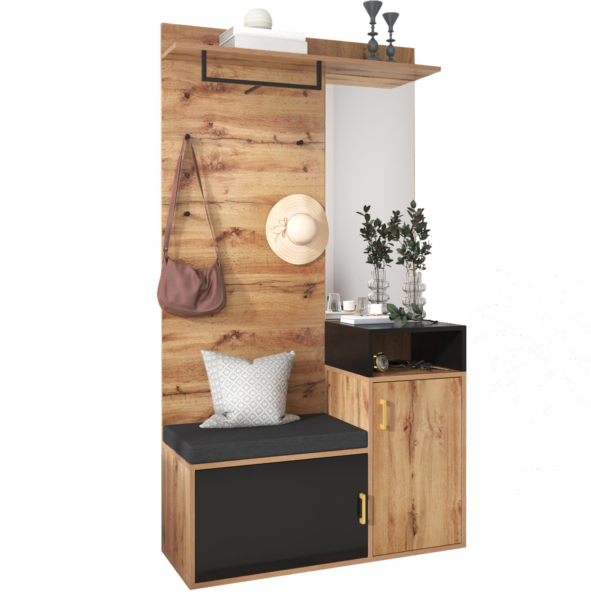 OKWISH PŘEDSÍŇOVÁ stěna 105/40/191,5 cm černá v dekoru dřeva z MDF a dřevotřísky se zrcadlem a botníkem