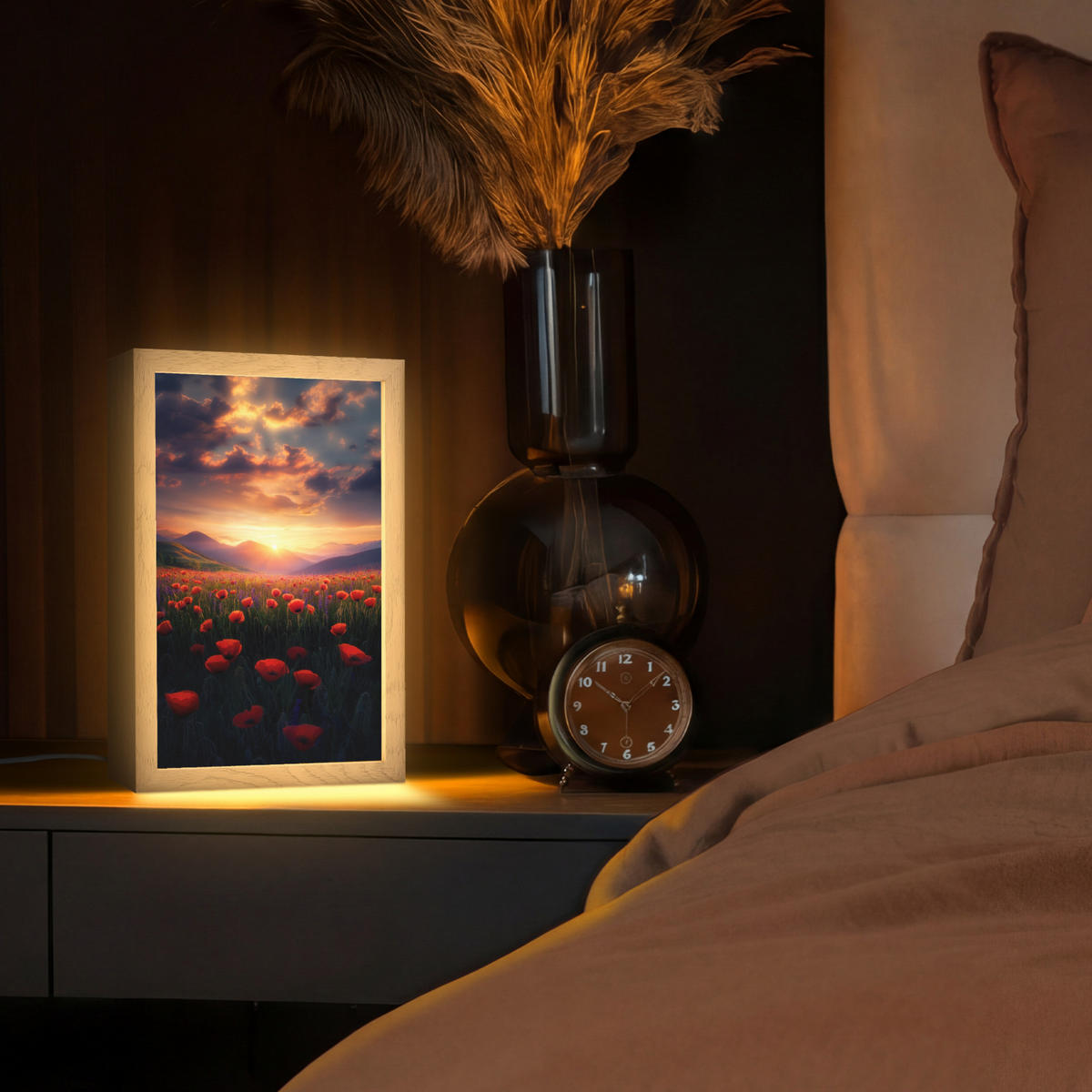 TISCHLEUCHTE Landschaft - Sonnenuntergang - Blumenfeld 20x30 cm - Dunkelblau, Holzwerkstoff (8/20/30cm) - OnlyWow
