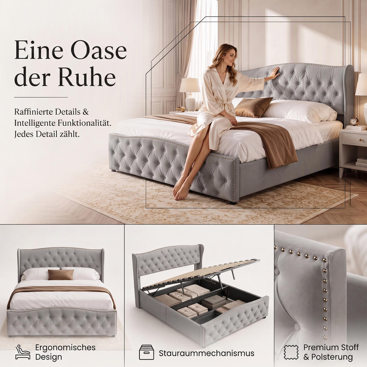 POLSTERBETT 160x200 cm mit Bettkasten, Doppelbett mit Kopfteil, Lattenrost und Stauraum, Samt Grau - Grau, Holz/Textil (160/200cm) - GENKI LIVING