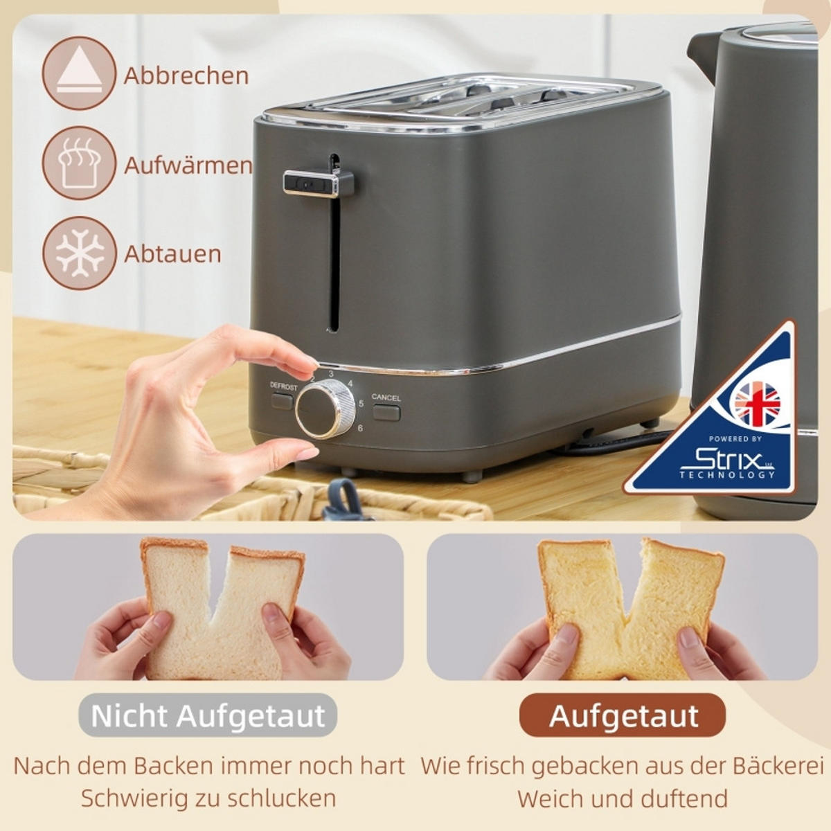 WASSERKOCHER-TOASTER SET, 1,7 L Kapazität, 6 Bräunungsstufen, Grau - Grau, Kunststoff (16/24.3/21.2cm) - Rolipo