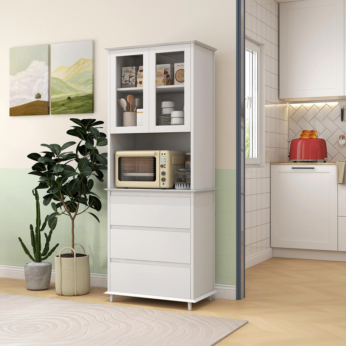 KÜCHENSCHRANK Weiß, 2 Glastüren, 3 Schubladen, 68/38/172 cm - Weiß, Holzwerkstoff (68/172/38cm) - PANGIVO