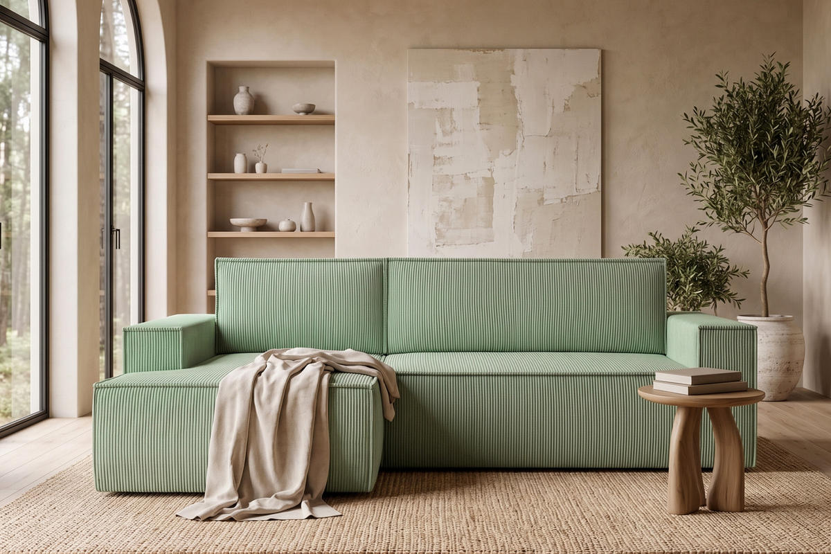 ECKSCHLAFSOFA-LINKS NAPI in Pet Friendly Cord-Stoff, mintfarben - Schwarz/Mintgrün, Textil (262/148cm) - KONSIMO®