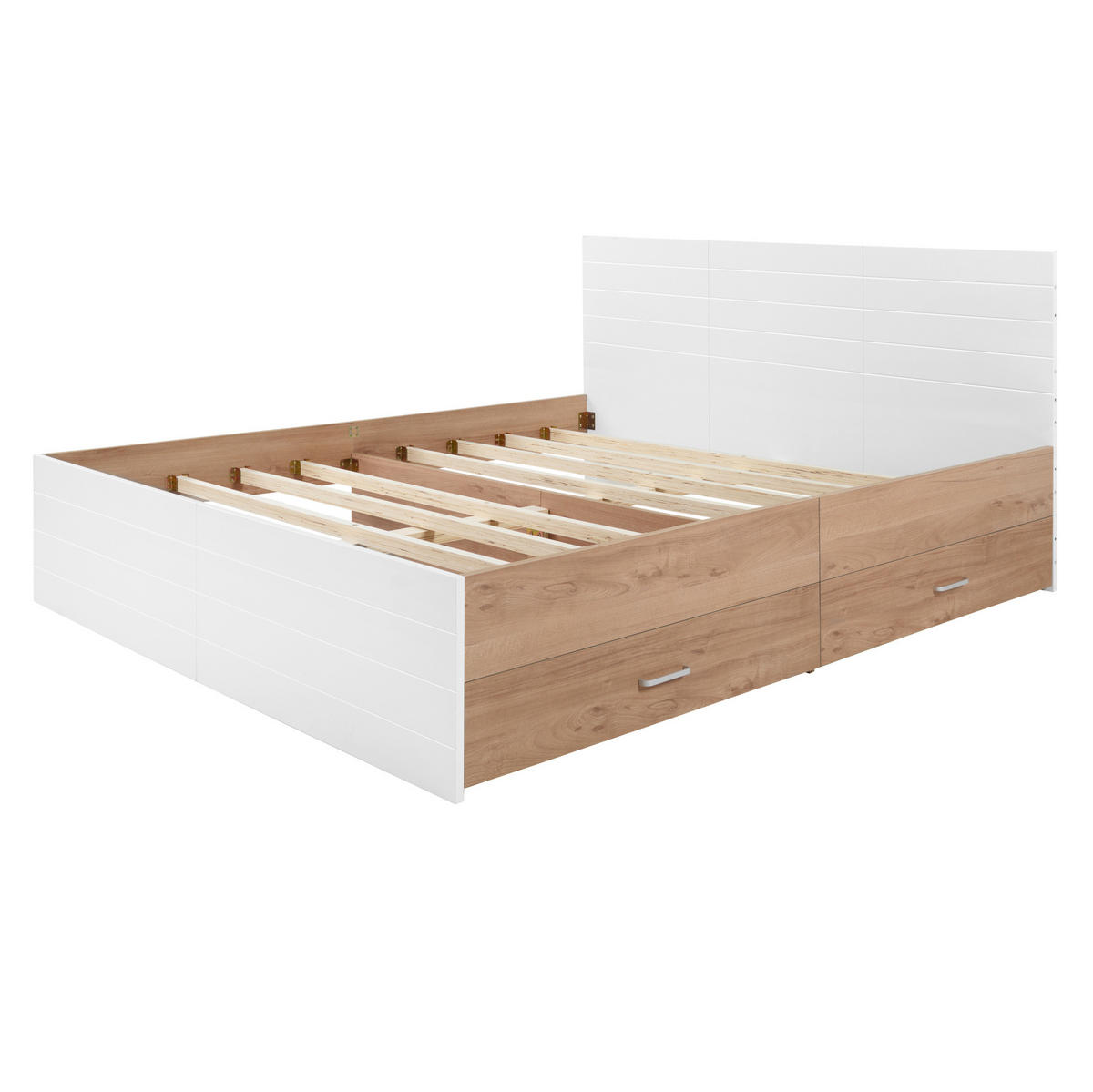 DOPPELBETT 140/200 cm Weiß und Eiche mit 2 Schubladen und Lattenrost - Weiß, Holzwerkstoff (140/200cm) - OKWISH