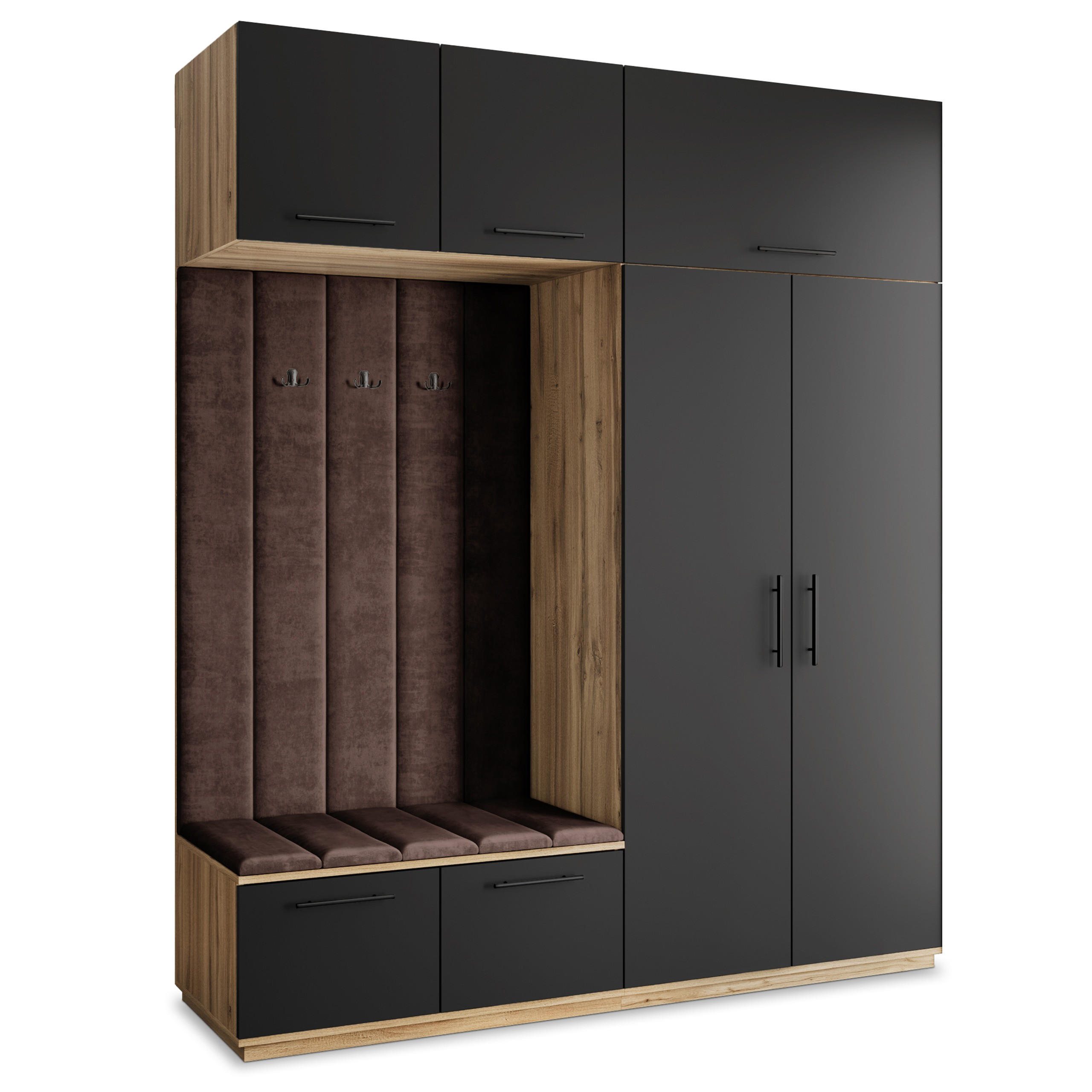 Masseno Garderobenschrank Eiche Wotan, Schwarz, Braun 200x240x60 cm