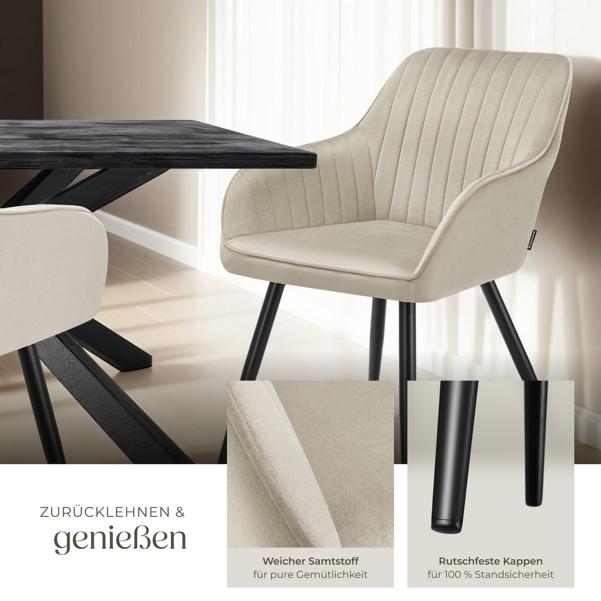 ESSZIMMERSTUHL 2er Set Marilyn 58 x 62 x 82 cm creme/schwarz - Creme/Schwarz, Metall (58/82/62cm) - tectake
