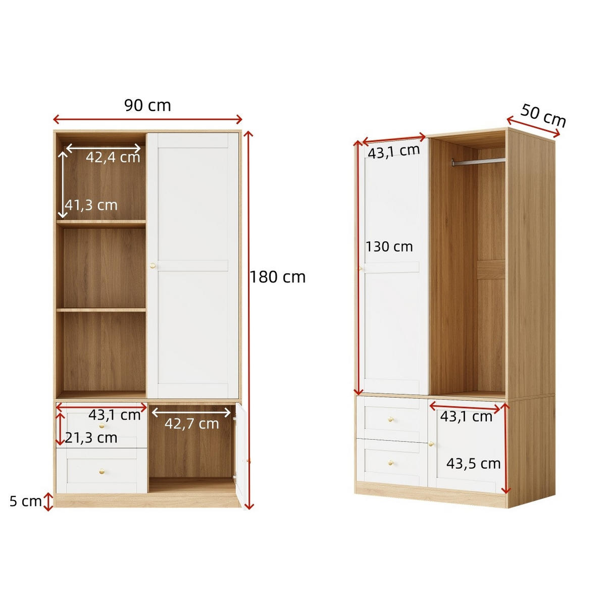 KLEIDERSCHRANK aus MDF 90x50x180 cm Natur/Weiß mit Schiebetür, Kleiderstange, Schubladen und Fächern - Naturfarben, Holzwerkstoff (90/180/50cm) - Modfu