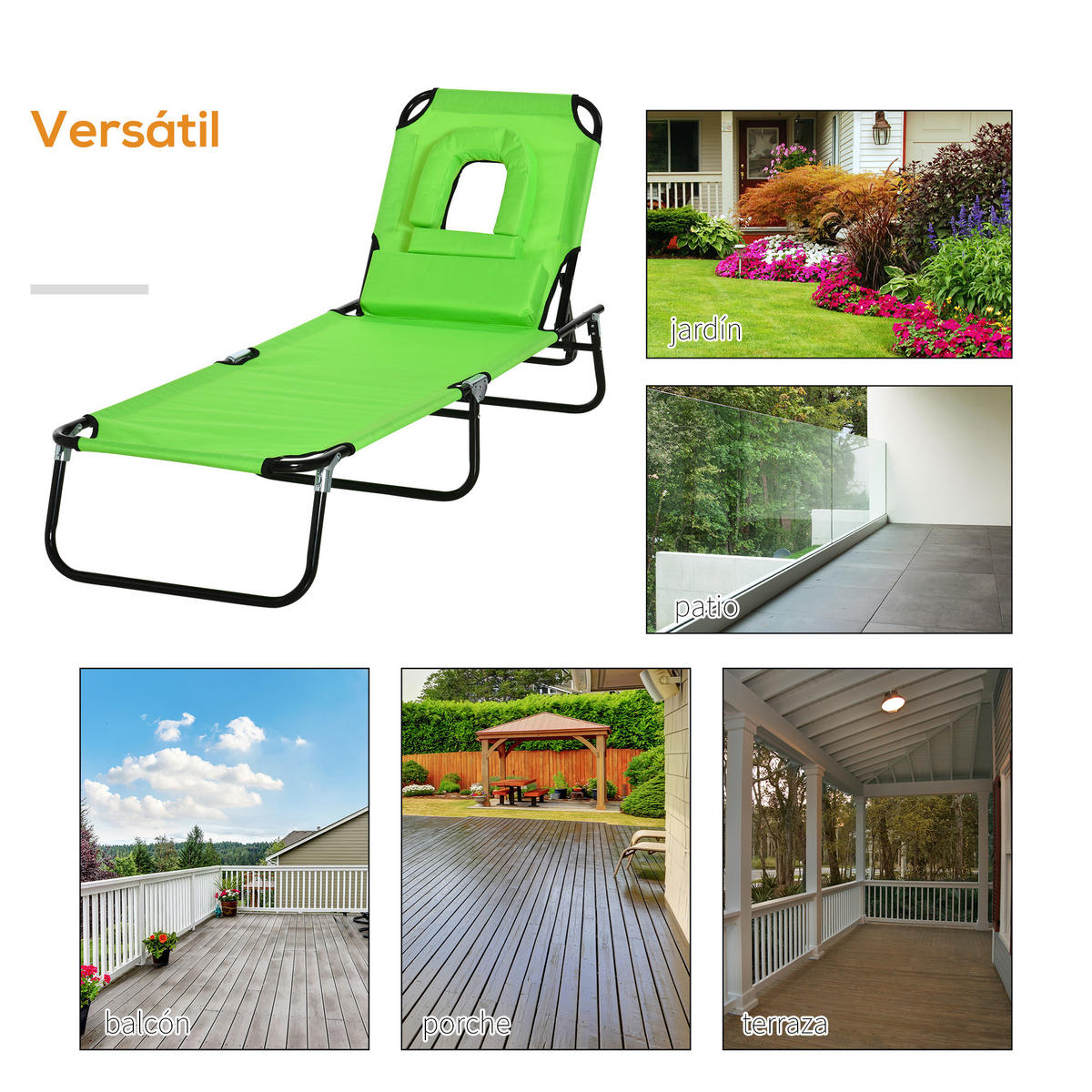 GARTENSONNENLIEGE, Einheitsmodell, Verde, 4-fach verstellbare Lehne mit Kissen, 190 x 56 x 28 cm - Grün, Metall (190/28/56cm) - Vallsero