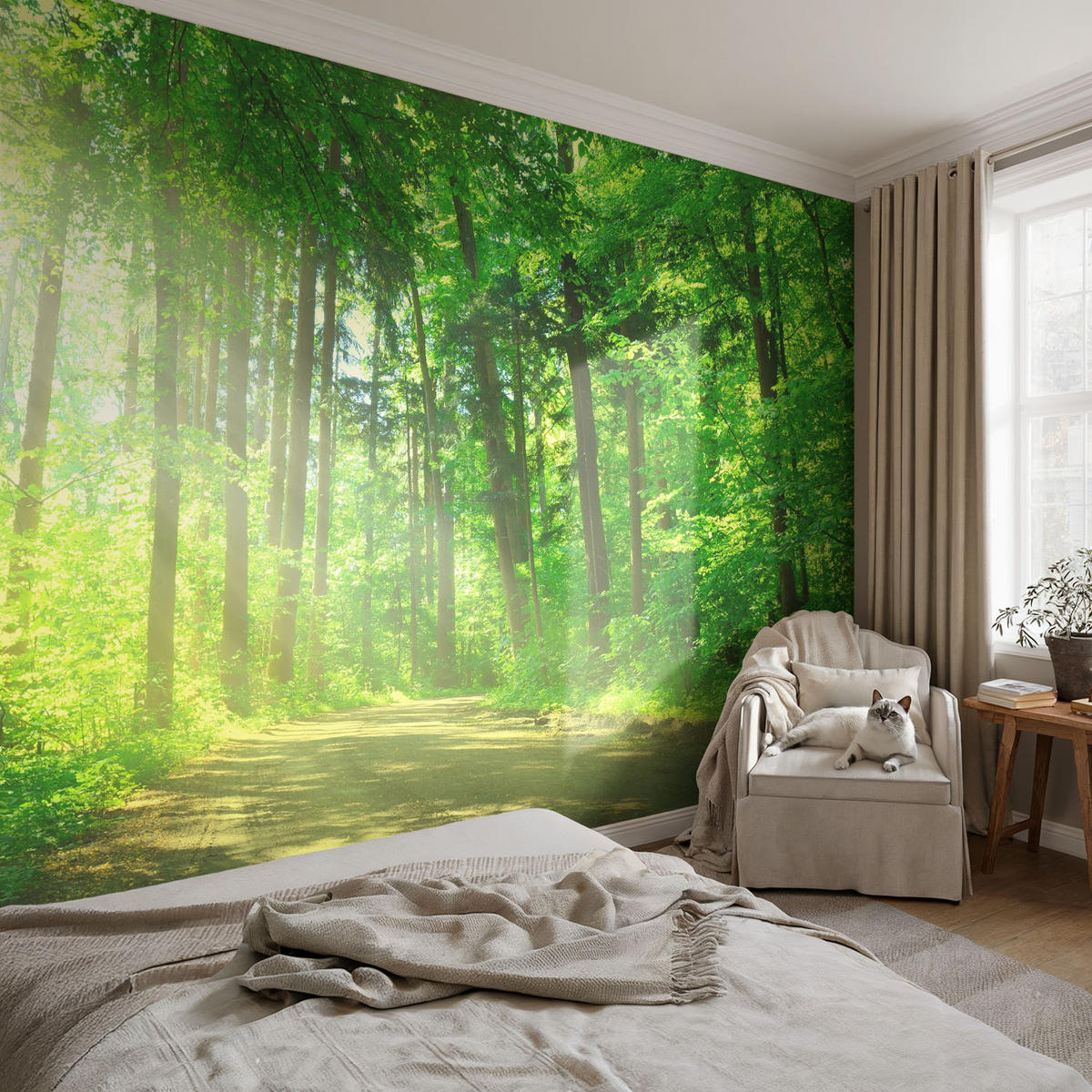 FOTOTAPETE 104x70 cm - Waldweg - Grün, Textil (104/70cm) - Wallfluent
