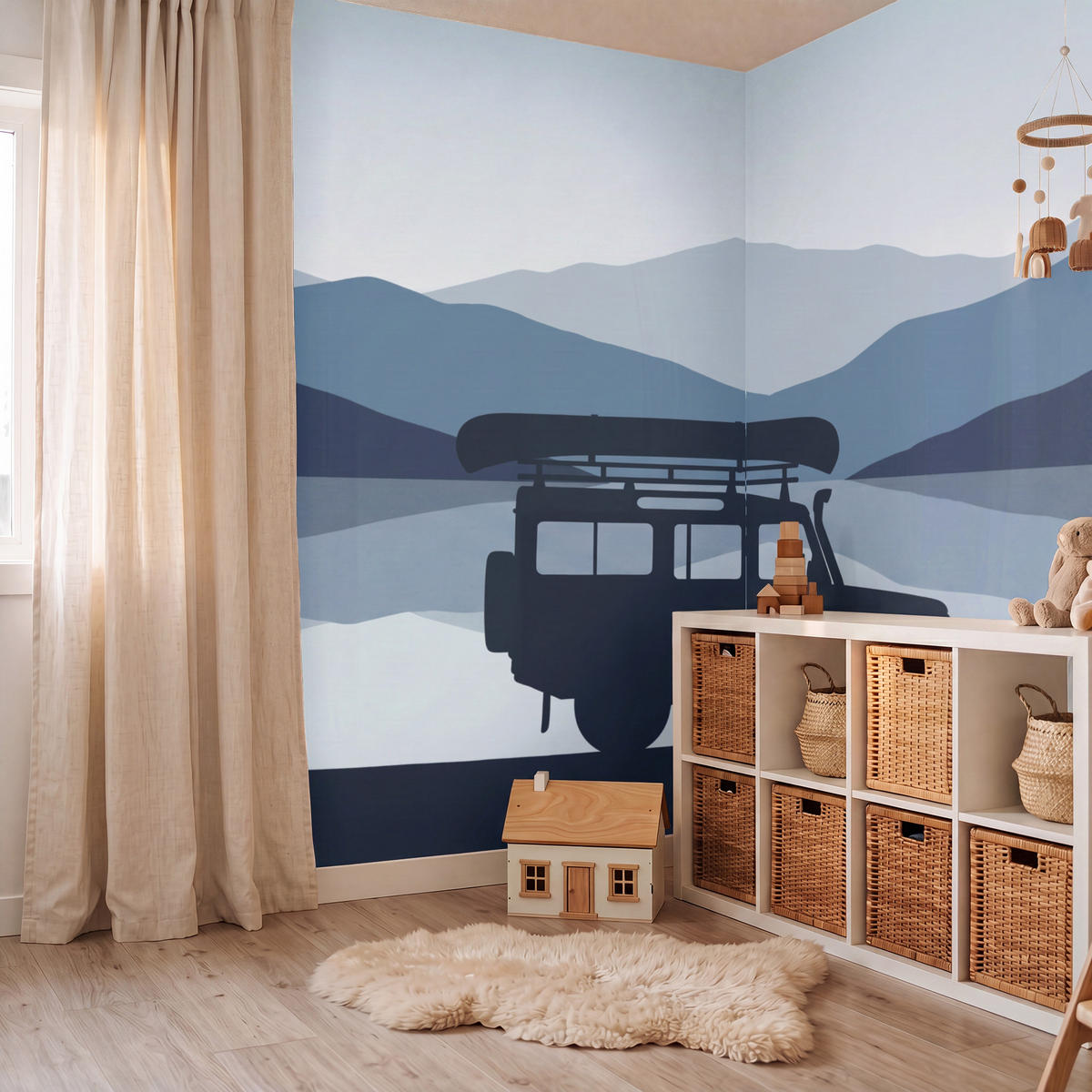 KINDERTAPETE - Auto - See - Berge - Blau - 280x240 cm - Blaugrau, Papier (280/240cm) - OnlyWow