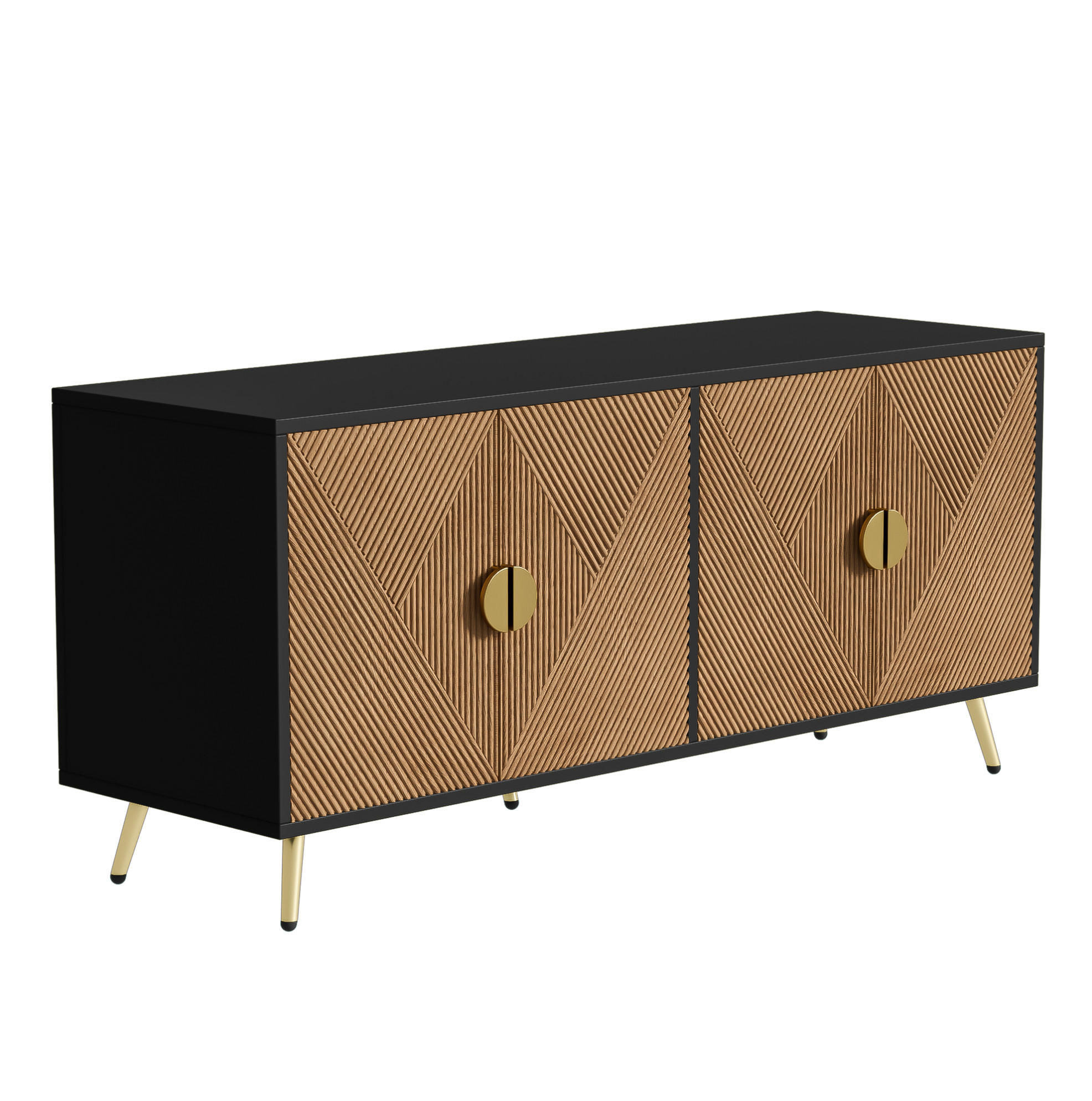 Modfu PŘÍBORNÍK z MDF a dřevotřísky 160x40x75 cm černý/dekor dřeva se 4 dvířky, soft-close panty a zlatými detaily