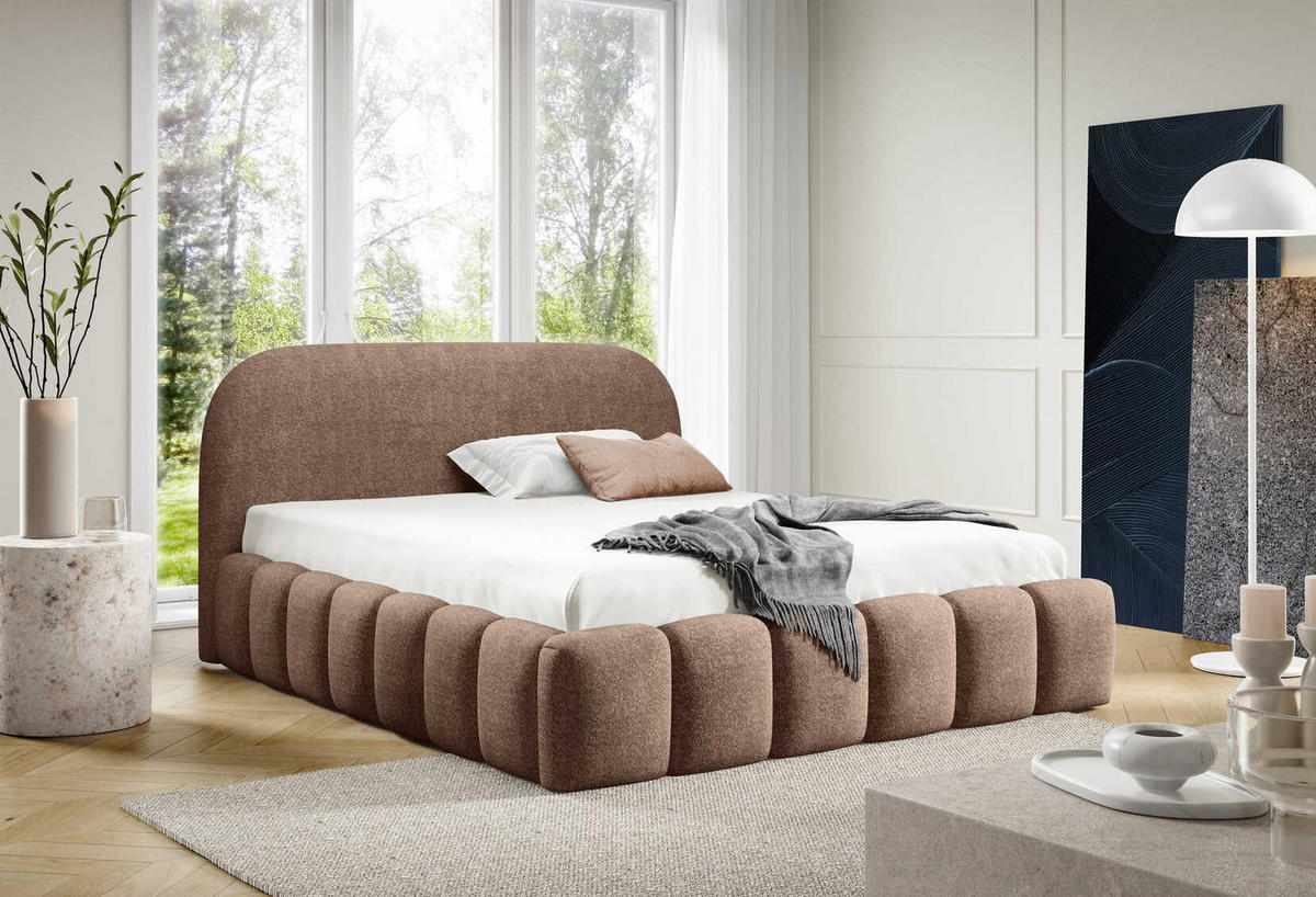 POLSTERBETT 200x200 Noemi, runde Kopfteil, Bettkasten, Samtstoff, Braun - Braun, Holz/Textil (200/200cm) - Emporius