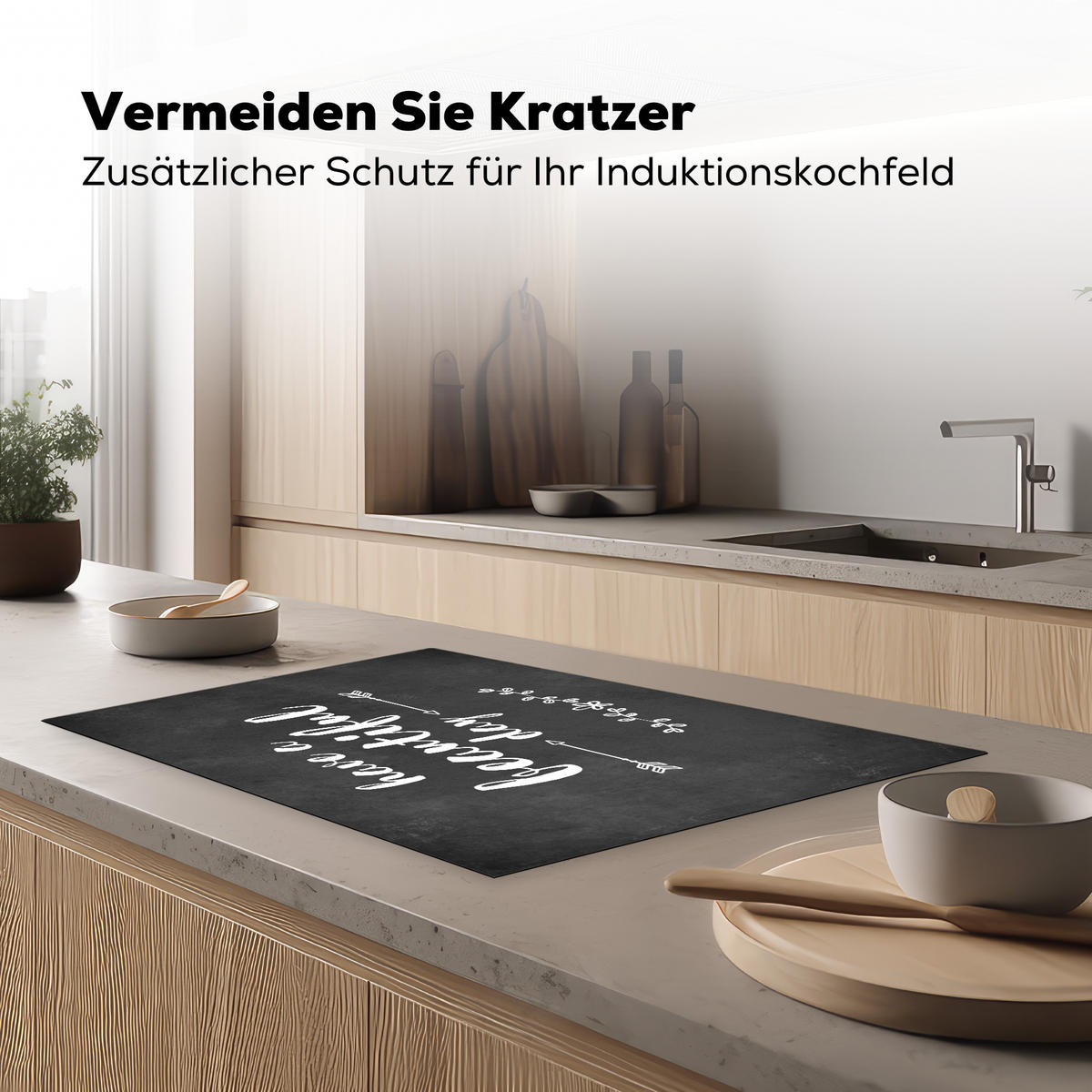 HERDABDECKPLATTE Zitat - Einen schönen Tag - Grau - Weiß Ceranfeldabdeckung 80x52 cm - Anthrazit, Kunststoff (80/52/0.2cm) - MuchoWow