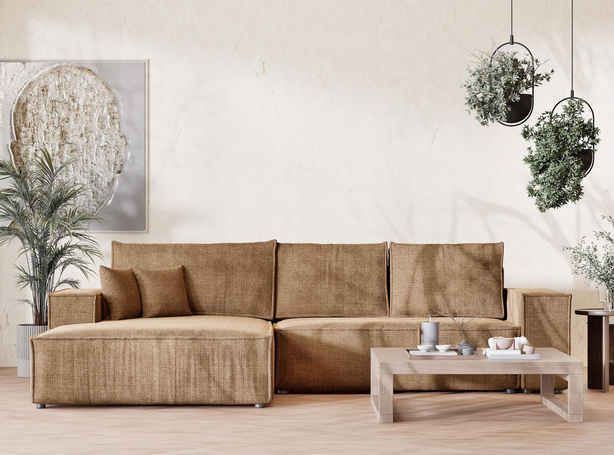 ECKSOFA Maze Hellbraun Chenille-Stoff - Links Seite - Hellbraun/Schwarz, Holz/Holzwerkstoff (185/294cm) - Maison de Reve