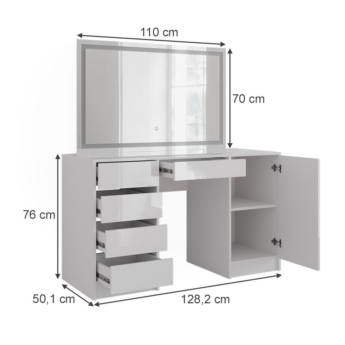SCHMINKTISCH Sherry Weiß/Weiß Hochglanz 128.2 cm mit LED-Spiegel - Weiß Hochglanz, Holzwerkstoff (128.2/76/50.1cm) - Vicco
