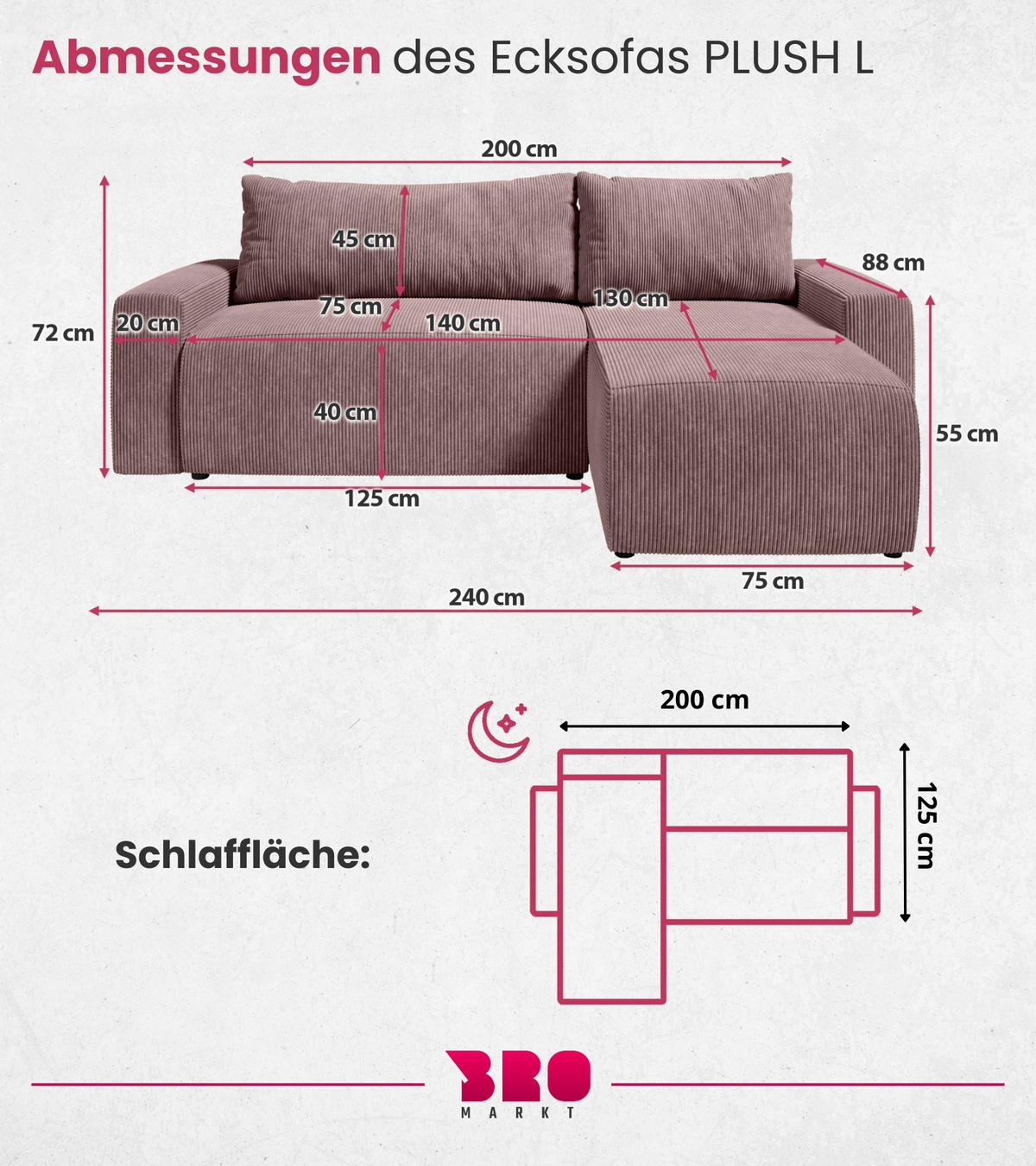 ECKSOFA PLUSH mit Schlaffunktion Rosa Cord - Rosa, Textil (240/145cm) - Bromarkt