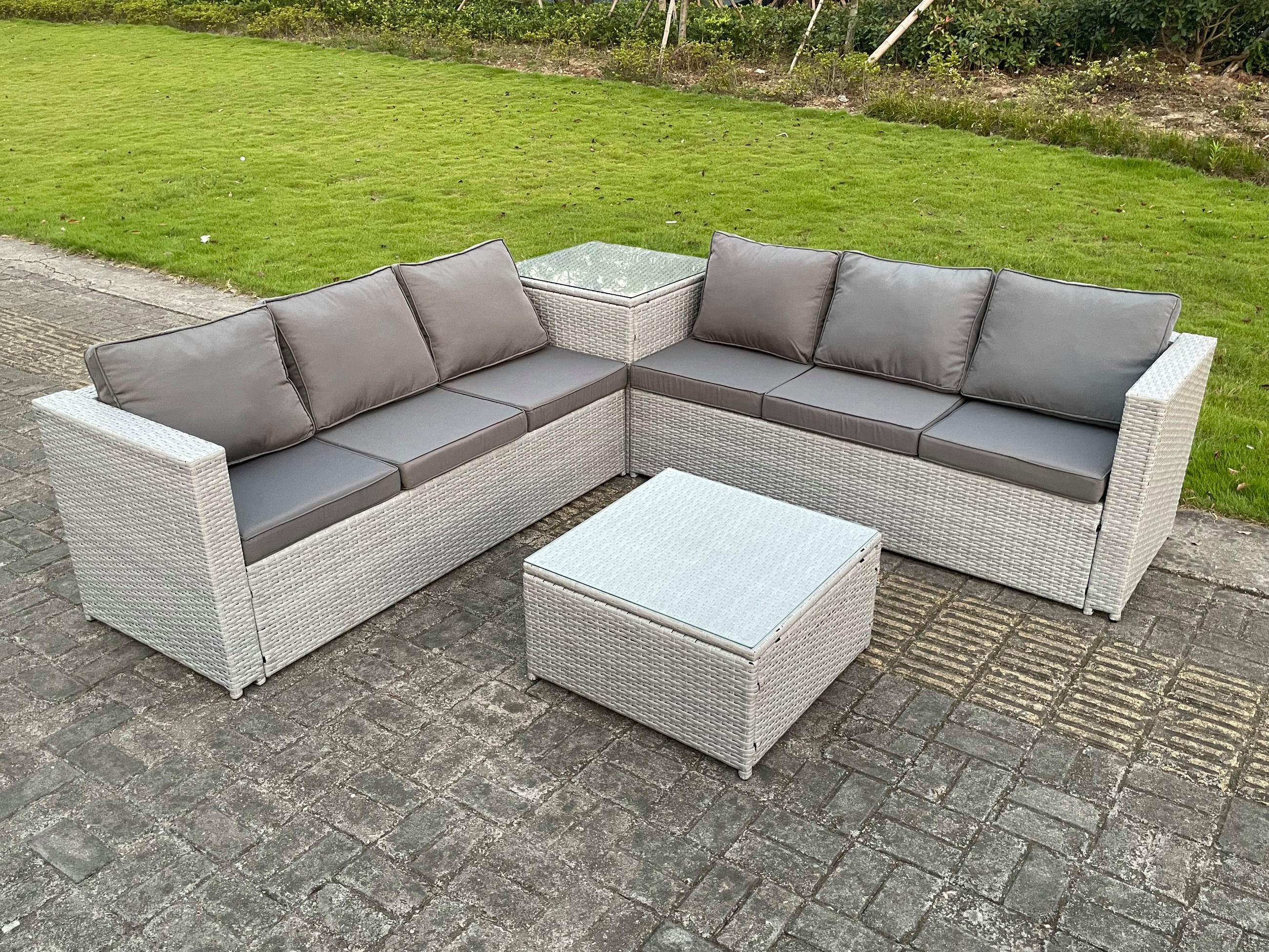 GARTENMÖBEL SET mit Couchtisch Polyrattan Helles Grau 6-Sitzer - Hellgrau, Metall - Fimous