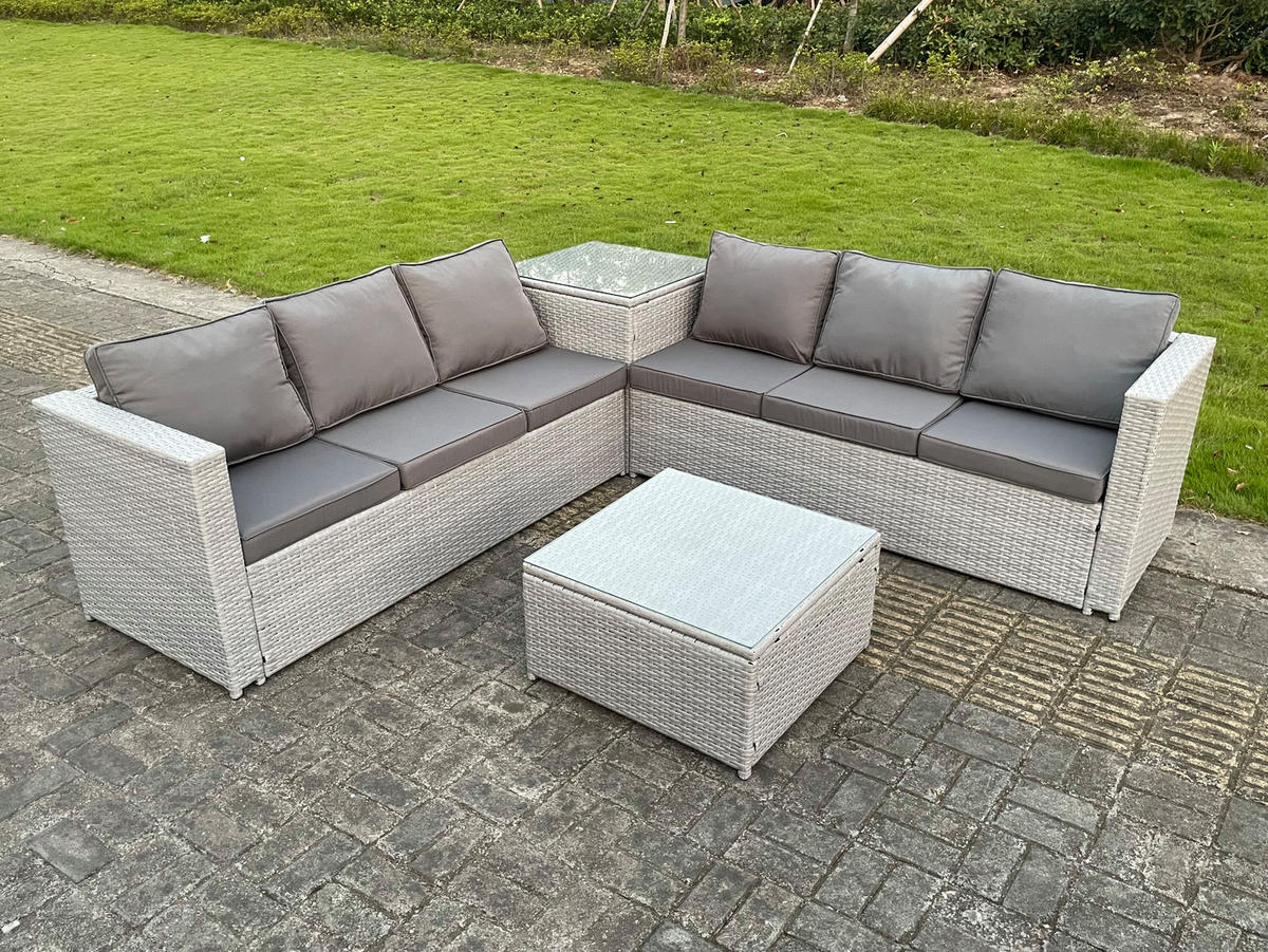 GARTENMÖBEL SET mit Couchtisch Polyrattan Helles Grau 6-Sitzer - Hellgrau, Metall - Fimous