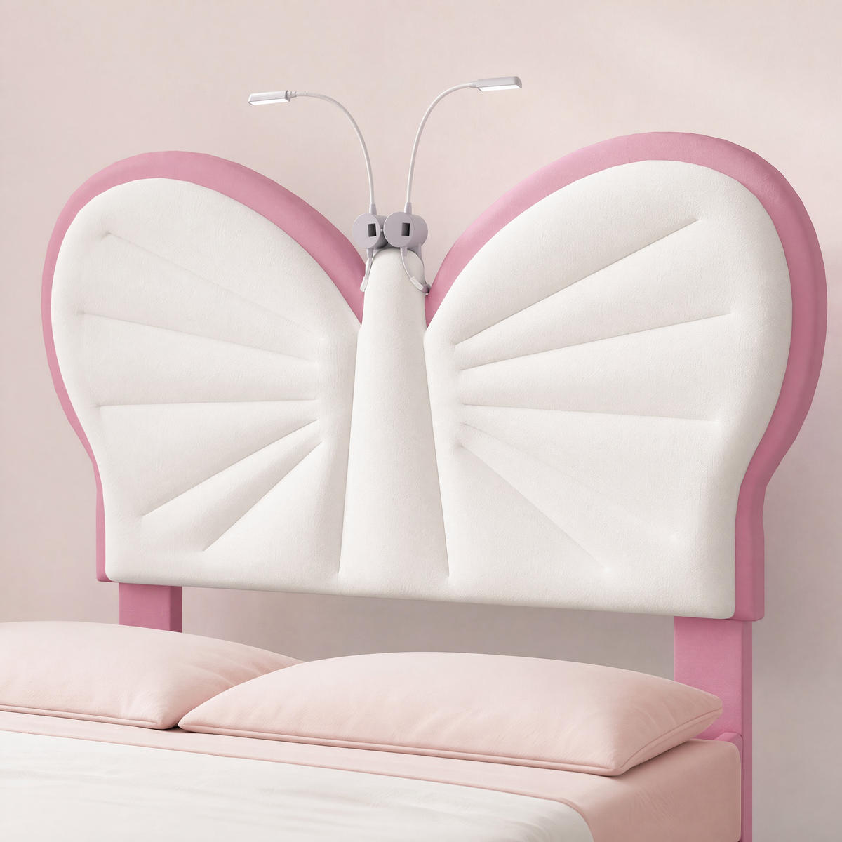POLSTERBETT 90x200cm rosa/weiß Schmetterling, Leselampe, Kopfpolster - Pink/Naturfarben, Leder/Holz (90/200cm)