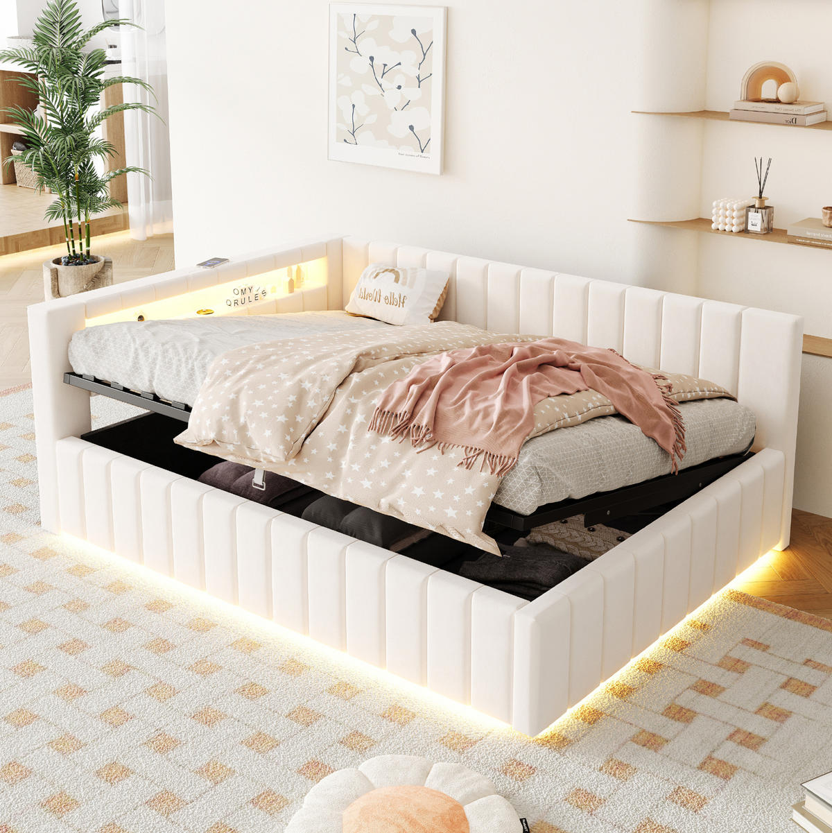 POLSTERBETT 140/200 cm aus Samtstoff mit LED-Beleuchtung USB-Anschluss und Stauraum Beige - Beige, Textil (140/200cm) - Modenvie