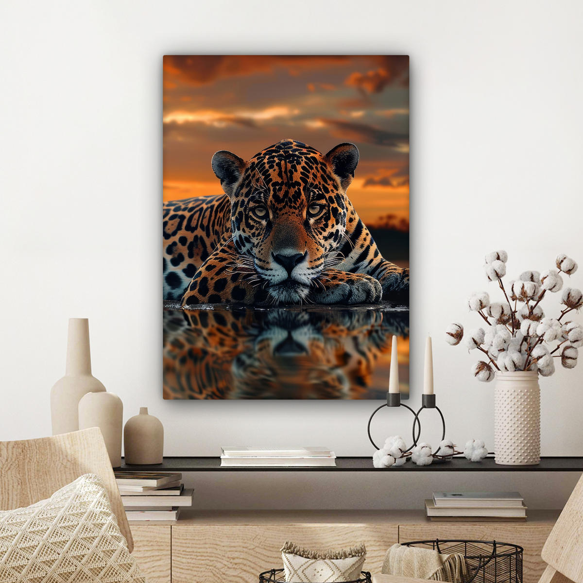 LEINWANDBILD Natur - Leopard - Tier - Sonnenuntergang - Modern Wandbild Wohnzimmer 60x80 cm - Orange, Textil (60/80cm) - MuchoWow